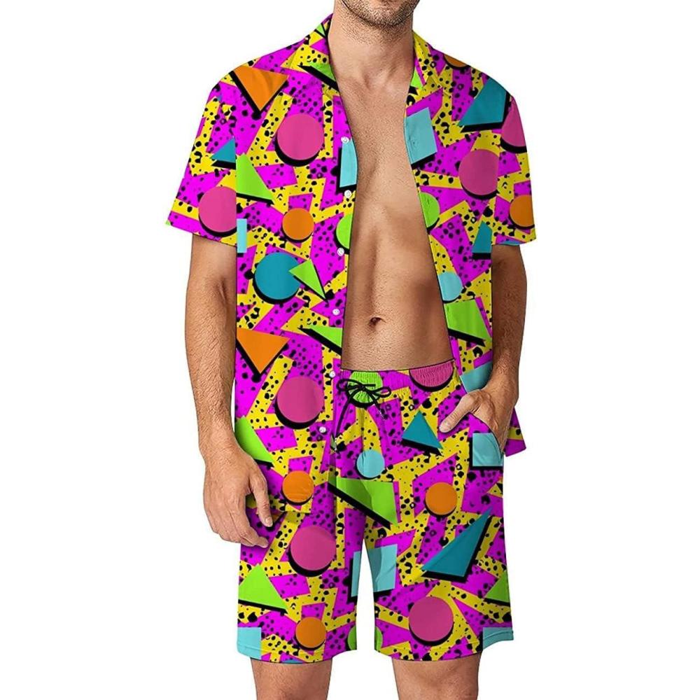 Arssm Mens 2 Pieces Vintage Shirts and Shorts Set 80s 90s Outfit Button Down Beach Suit Quick Dry for Vintage Halloween Party(Purple)