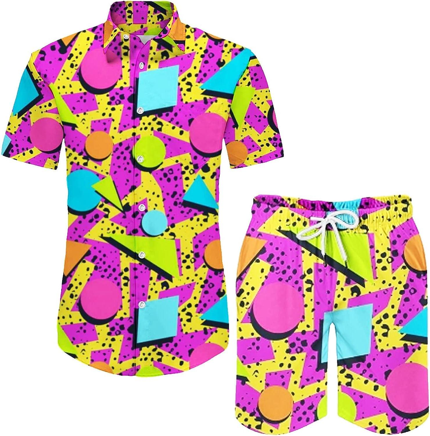 Arssm Mens 2 Pieces Vintage Shirts and Shorts Set 80s 90s Outfit Button Down Beach Suit Quick Dry for Vintage Halloween Party(Purple)