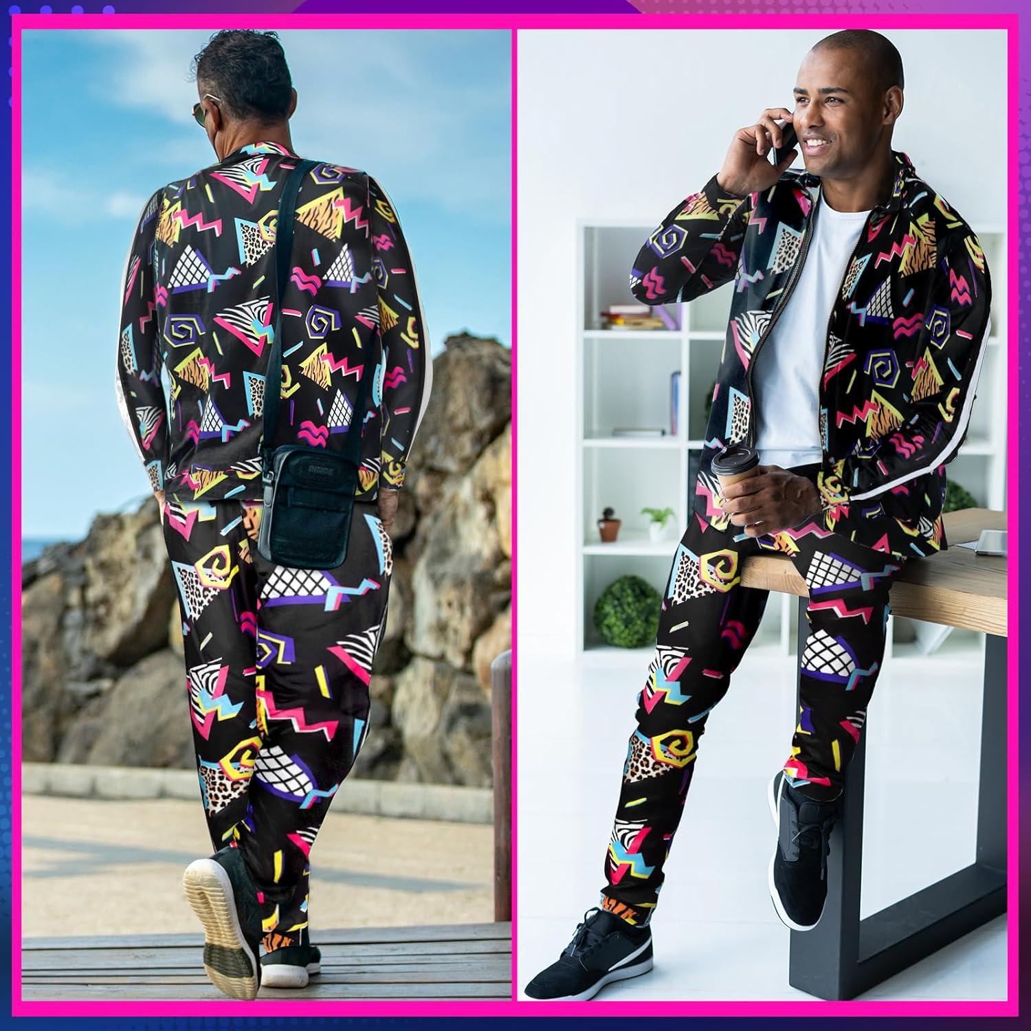 Arssm Retro 80s 90s Outfit Sets for Men Vintage Jacket and Joggers Sweatpants 80s Tracksuit Streetwear(Black)