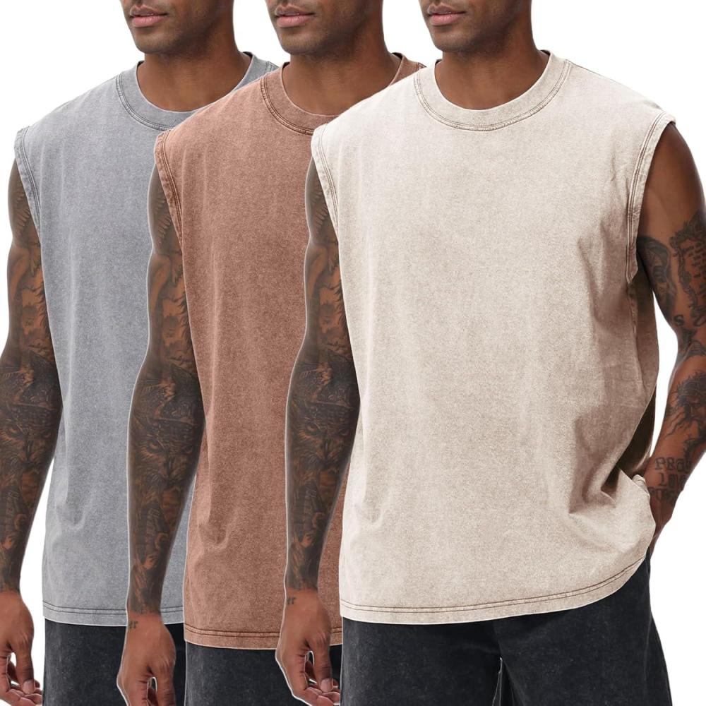 Arssm Sleeveless Shirts for Men Tank Tops Cotton Acid Wash Tees Muscle Workout Running Tank Tops(Grey+khaki+beige)