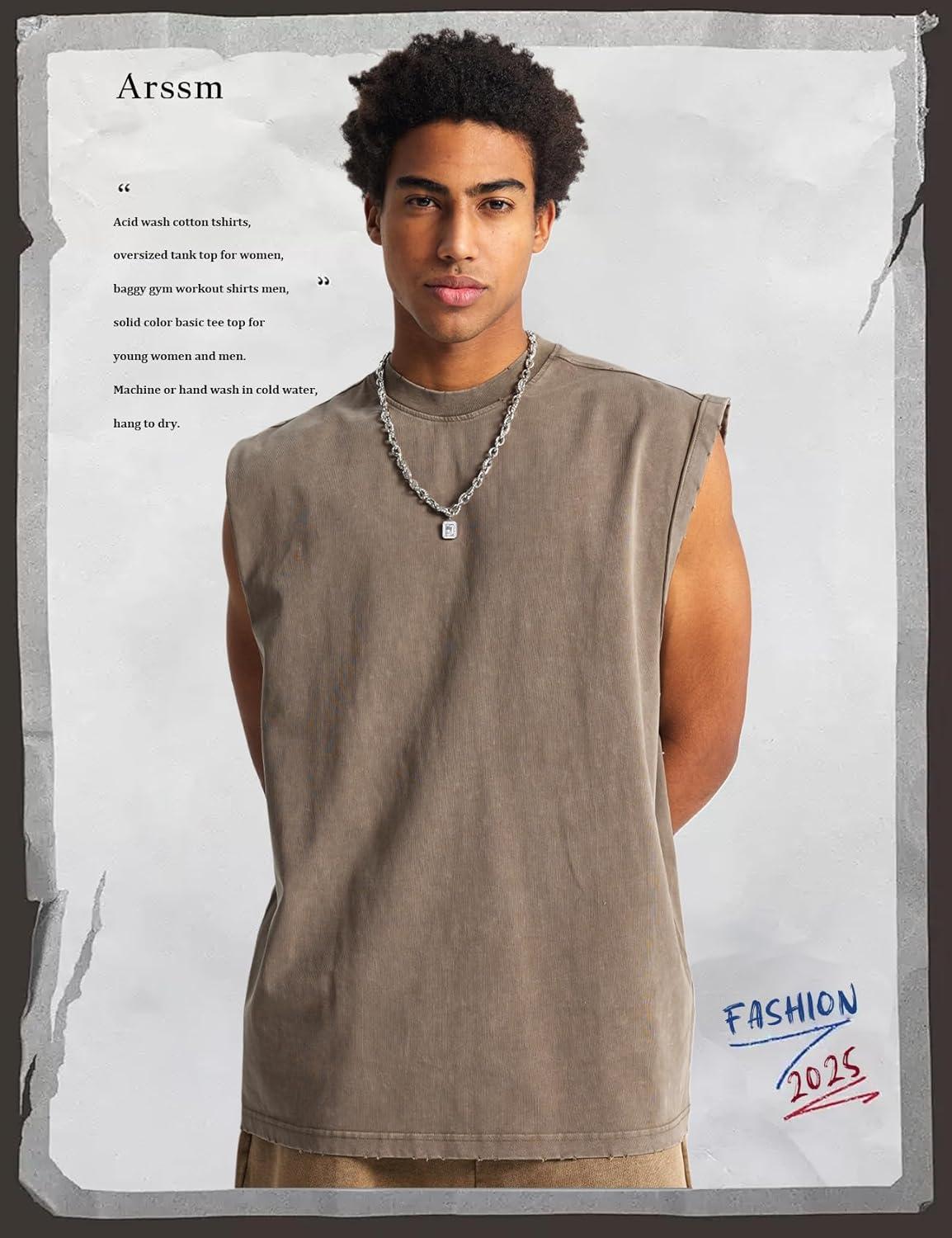 Arssm Sleeveless Shirts for Men Tank Tops Cotton Acid Wash Tees Muscle Workout Running Tank Tops(Grey+khaki+beige)
