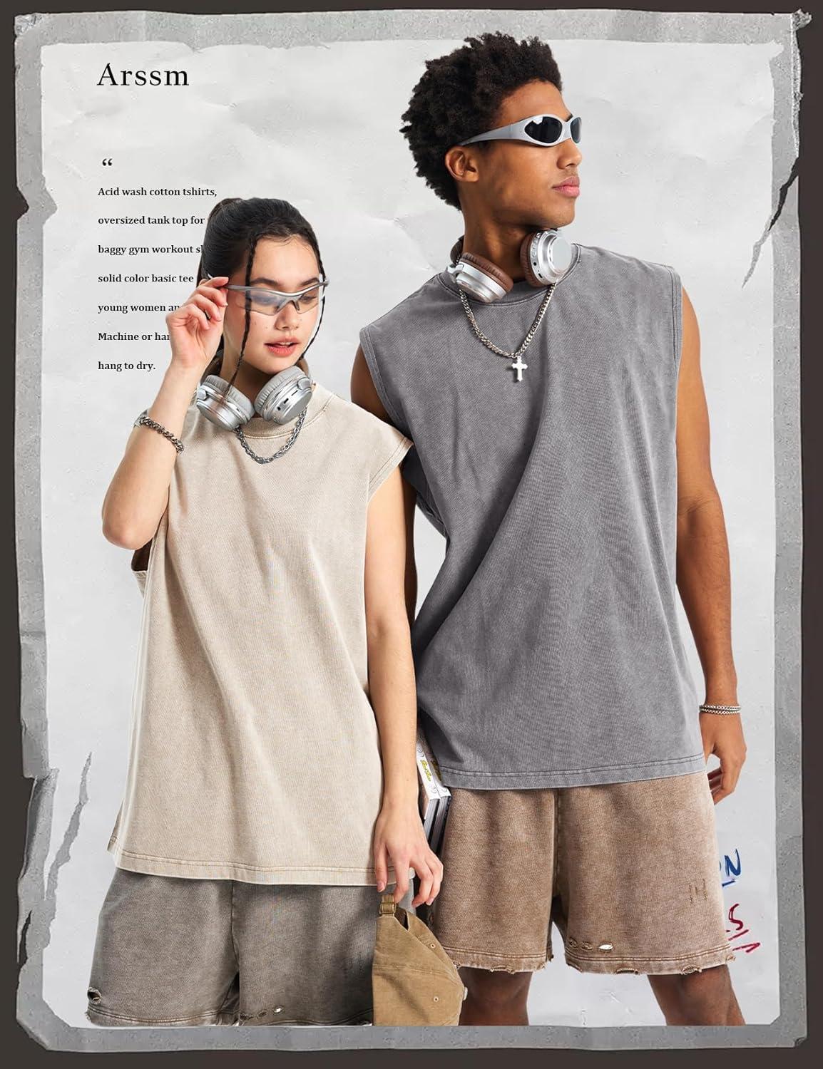 Arssm Sleeveless Shirts for Men Tank Tops Cotton Acid Wash Tees Muscle Workout Running Tank Tops(Grey+khaki+beige)