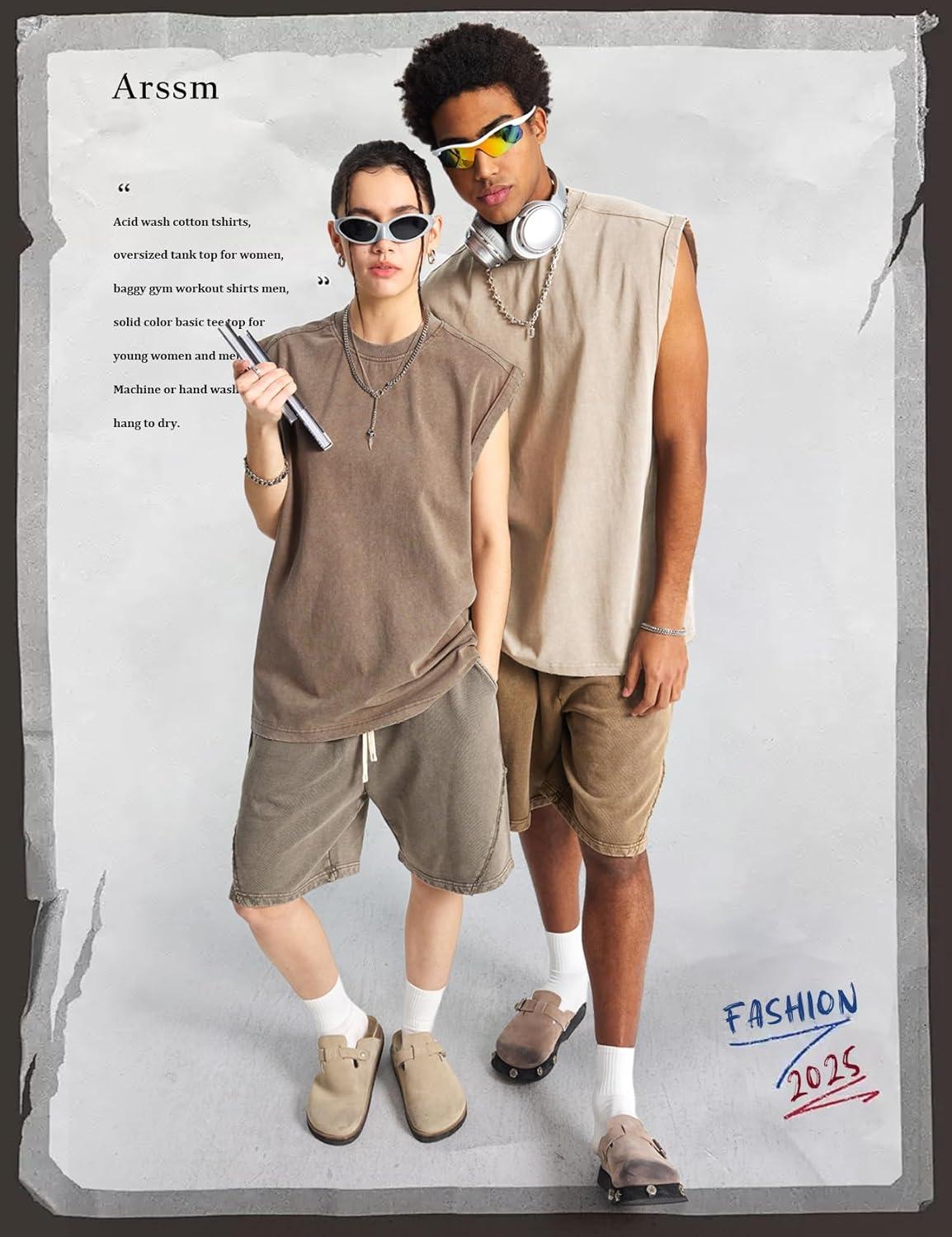 Arssm Sleeveless Shirts for Men Tank Tops Cotton Acid Wash Tees Muscle Workout Running Tank Tops(Grey+khaki+beige)
