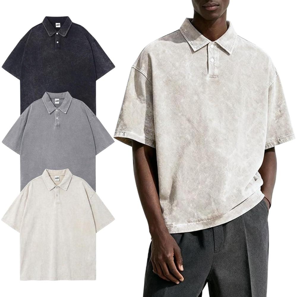 Arssm Mens Polo Shirts Short Sleeve Cotton Acid Washed Overzied T Shirts Baggy Vintage Collared Polo Shirts(Black+grey+beige)