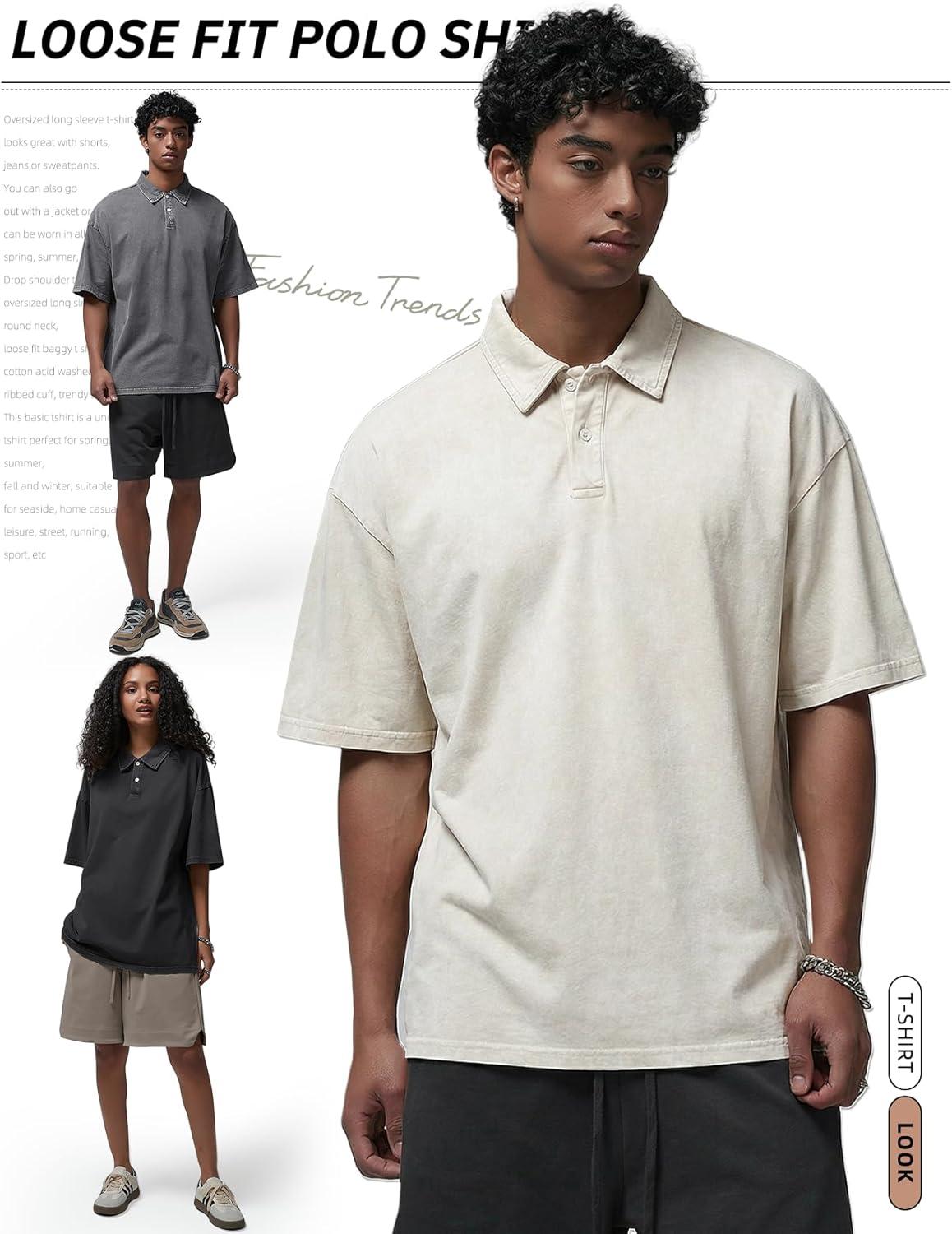 Arssm Mens Polo Shirts Short Sleeve Cotton Acid Washed Overzied T Shirts Baggy Vintage Collared Polo Shirts(Black+grey+beige)