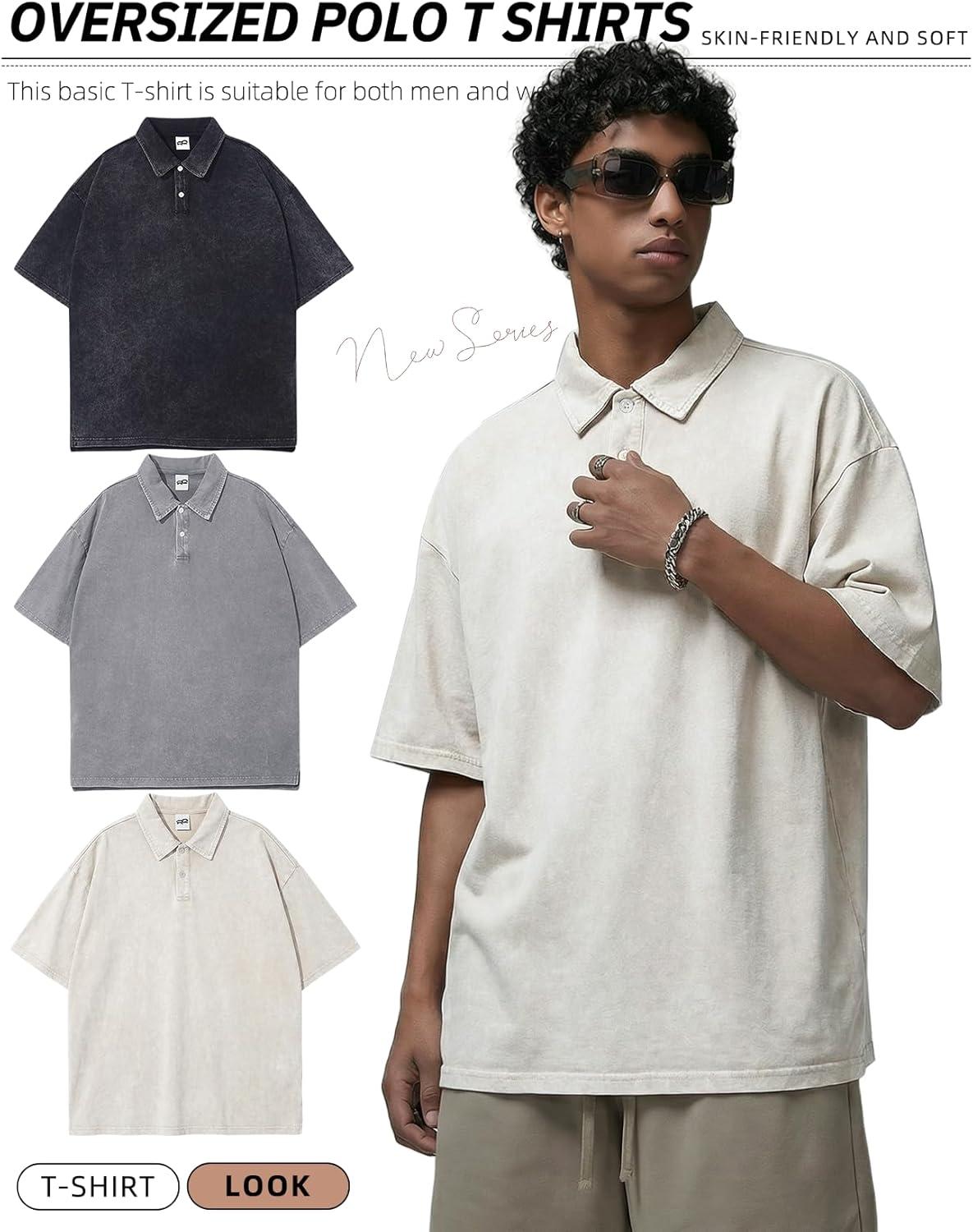 Arssm Mens Polo Shirts Short Sleeve Cotton Acid Washed Overzied T Shirts Baggy Vintage Collared Polo Shirts(Black+grey+beige)