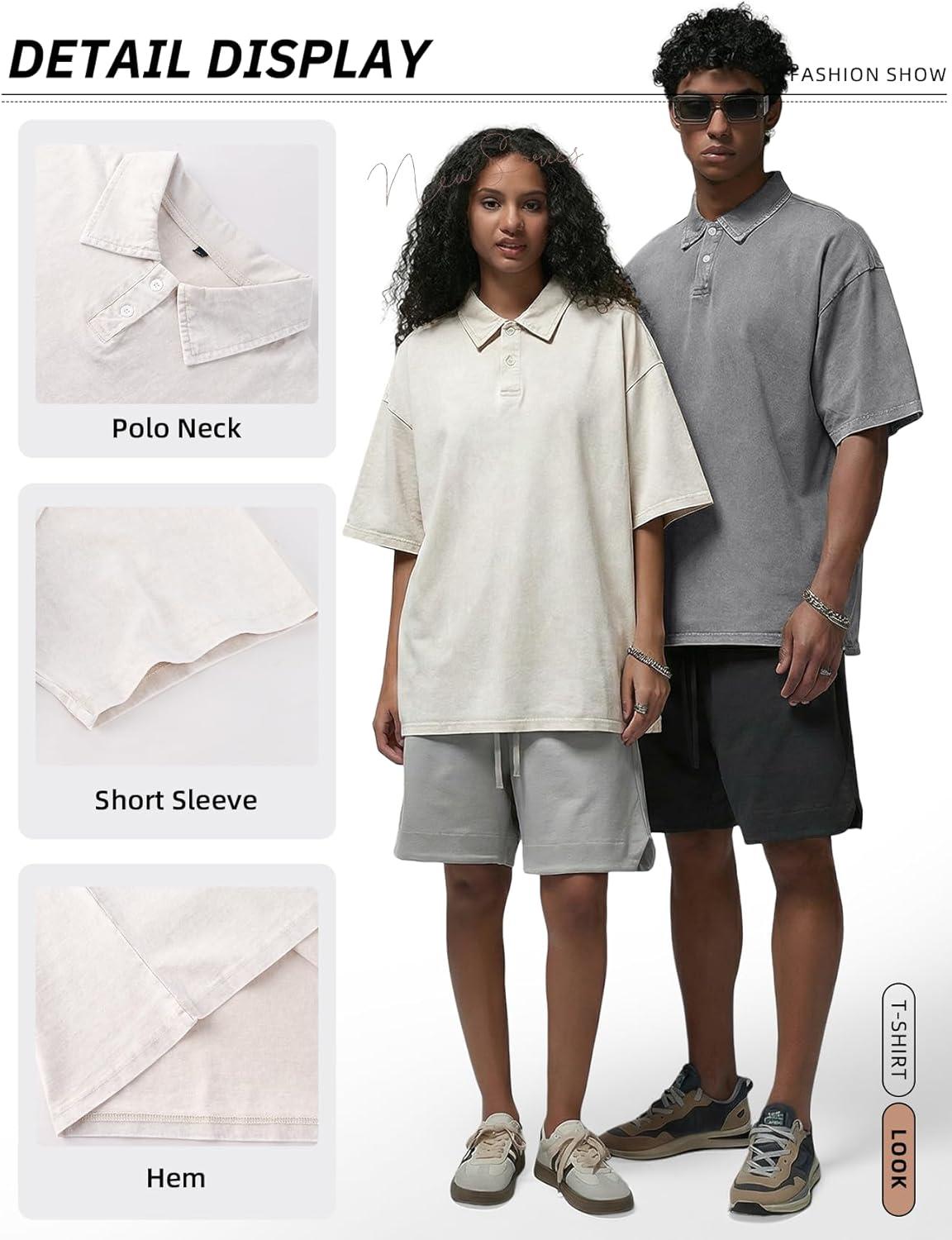 Arssm Mens Polo Shirts Short Sleeve Cotton Acid Washed Overzied T Shirts Baggy Vintage Collared Polo Shirts(Black+grey+beige)