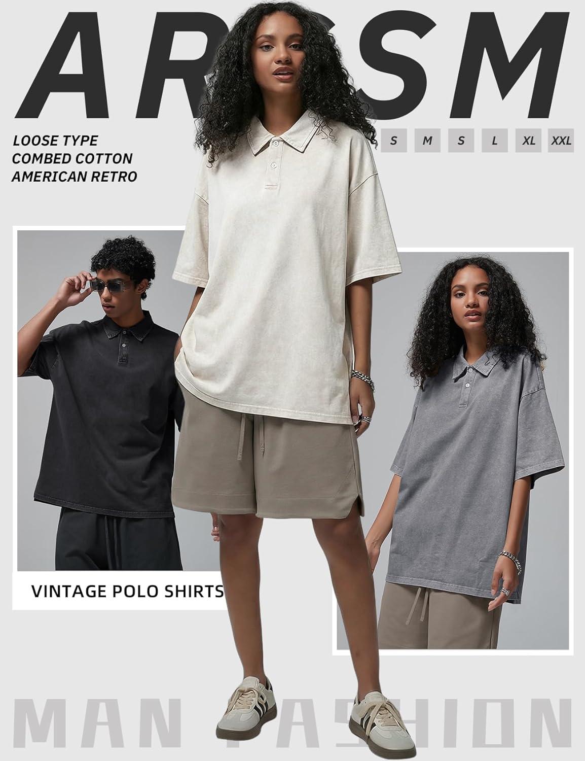 Arssm Mens Polo Shirts Short Sleeve Cotton Acid Washed Overzied T Shirts Baggy Vintage Collared Polo Shirts(Black+grey+beige)
