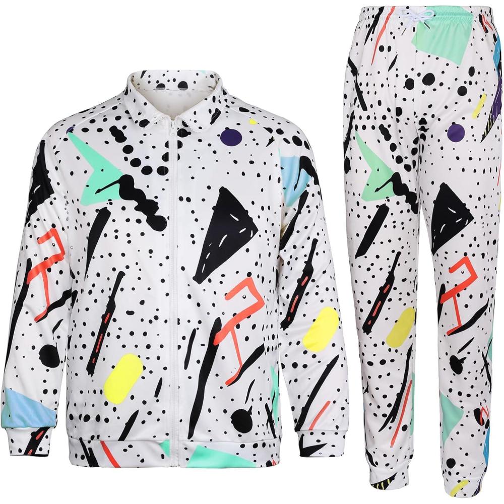 Arssm Retro 80s 90s Outfit Sets for Men Vintage Jacket and Joggers Sweatpants 80s Tracksuit Streetwear(White)