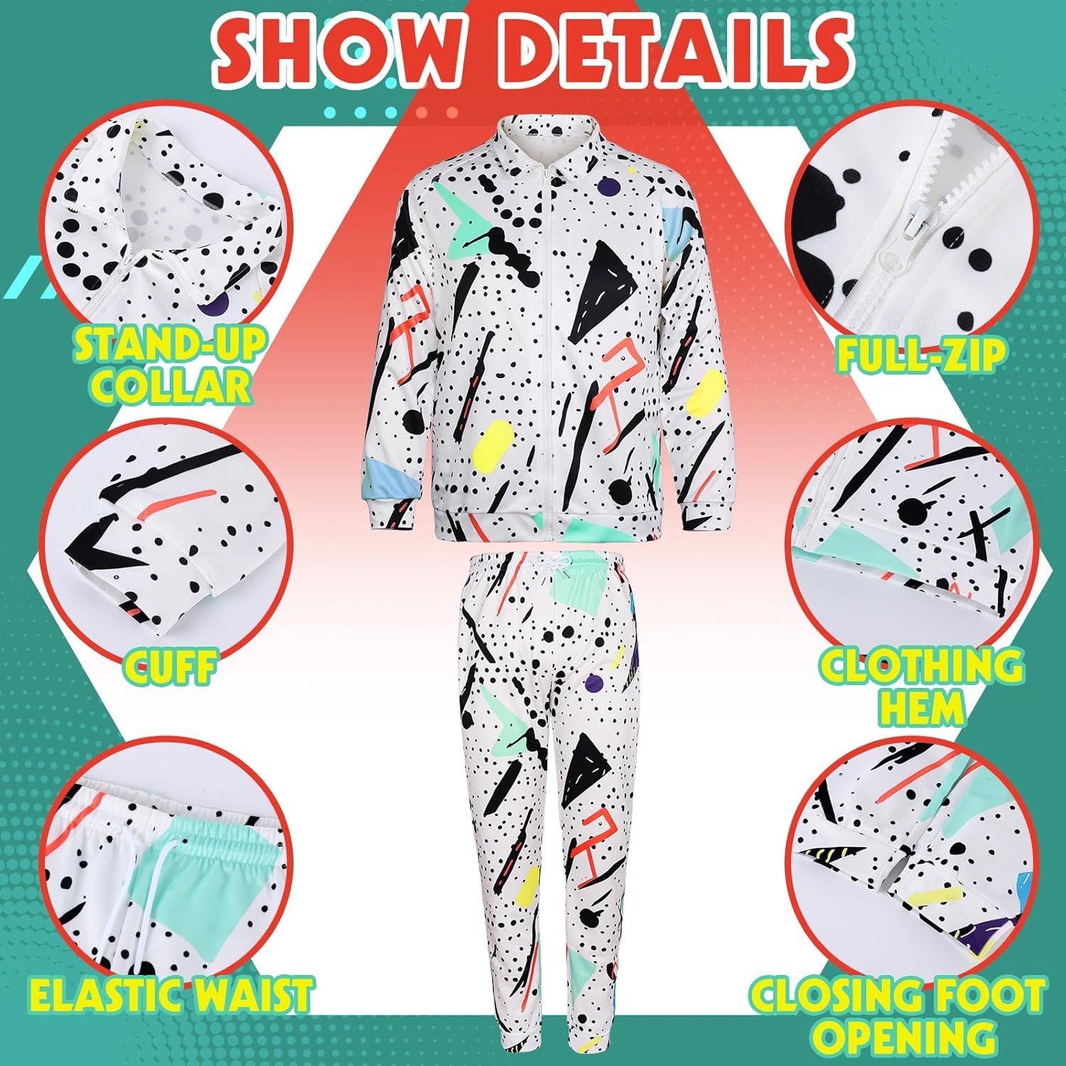 Arssm Retro 80s 90s Outfit Sets for Men Vintage Jacket and Joggers Sweatpants 80s Tracksuit Streetwear(White)