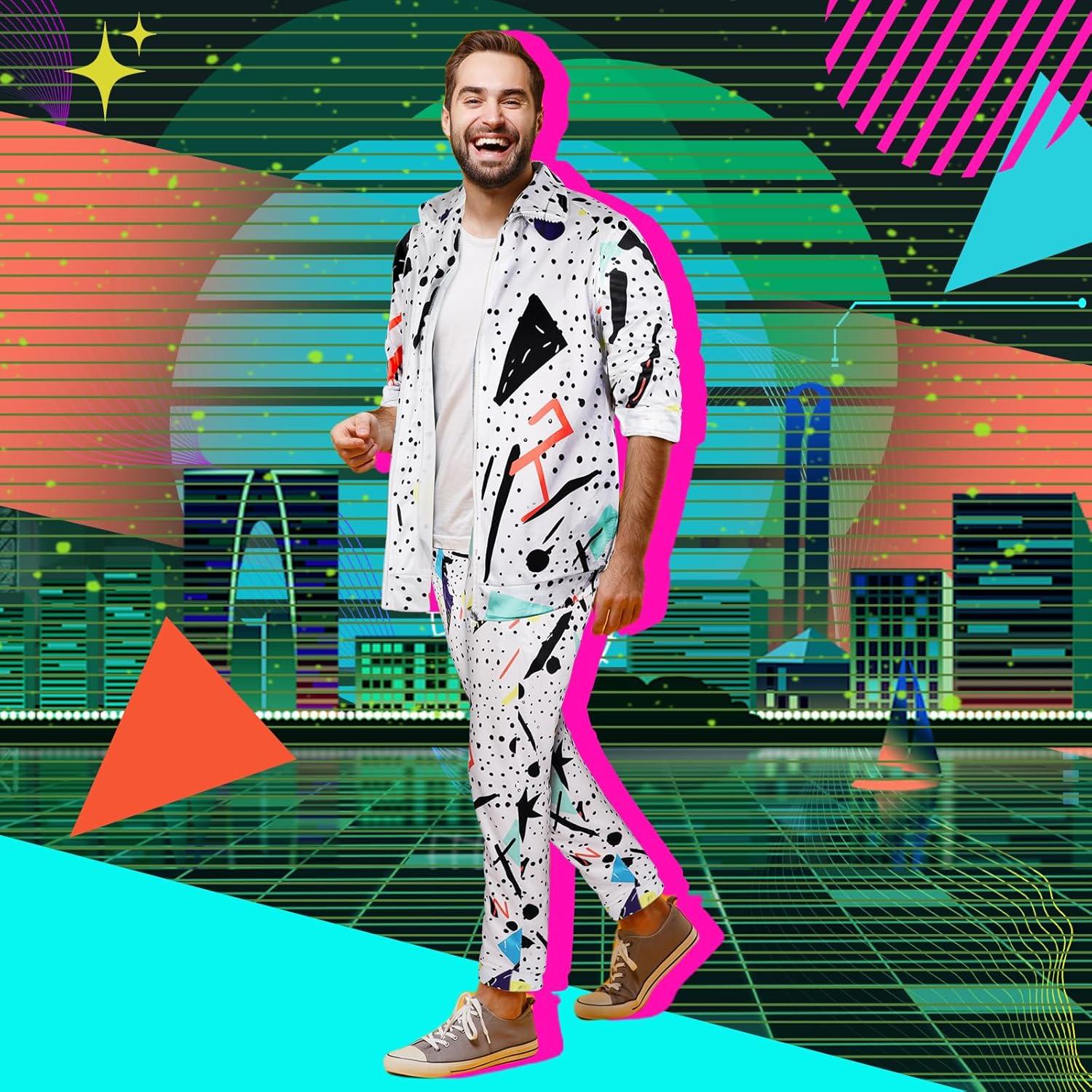 Arssm Retro 80s 90s Outfit Sets for Men Vintage Jacket and Joggers Sweatpants 80s Tracksuit Streetwear(White)