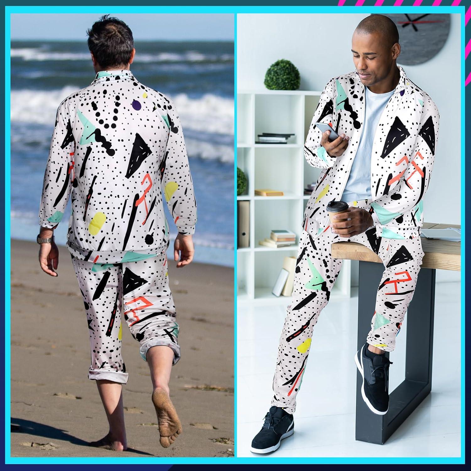 Arssm Retro 80s 90s Outfit Sets for Men Vintage Jacket and Joggers Sweatpants 80s Tracksuit Streetwear(White)