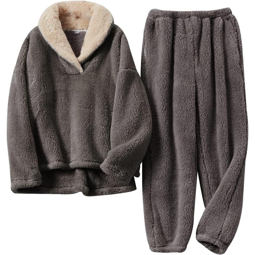 Arssm Women Fluffy Pajamas Set Fleece Pajamas Winter Warm Loose Plush Fuzzy Sets 2 Piece Cozy Sleepwear(Darkgrey)
