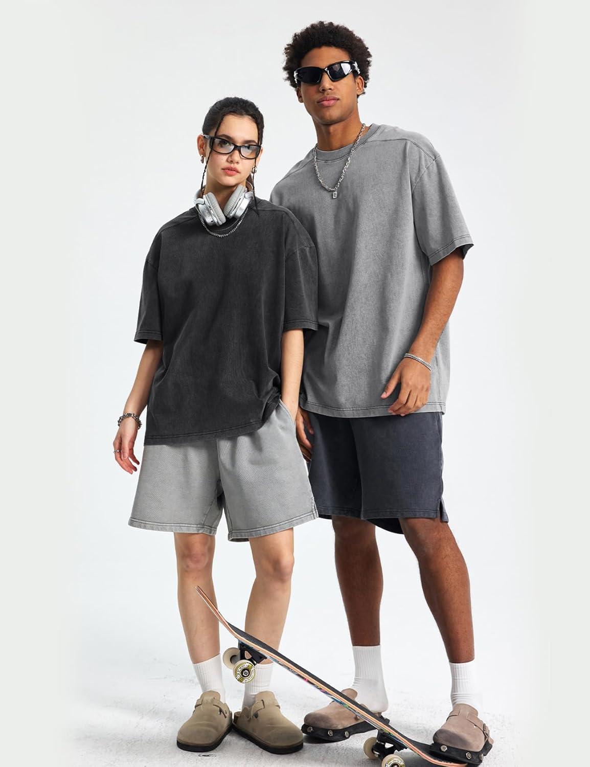 Arssm Oversized Tshirts for Men Acid Wash Loose Fit Vintage Cotton Heavyweight T Shirts Baggy Tees(Blackgreykhakiarmy)