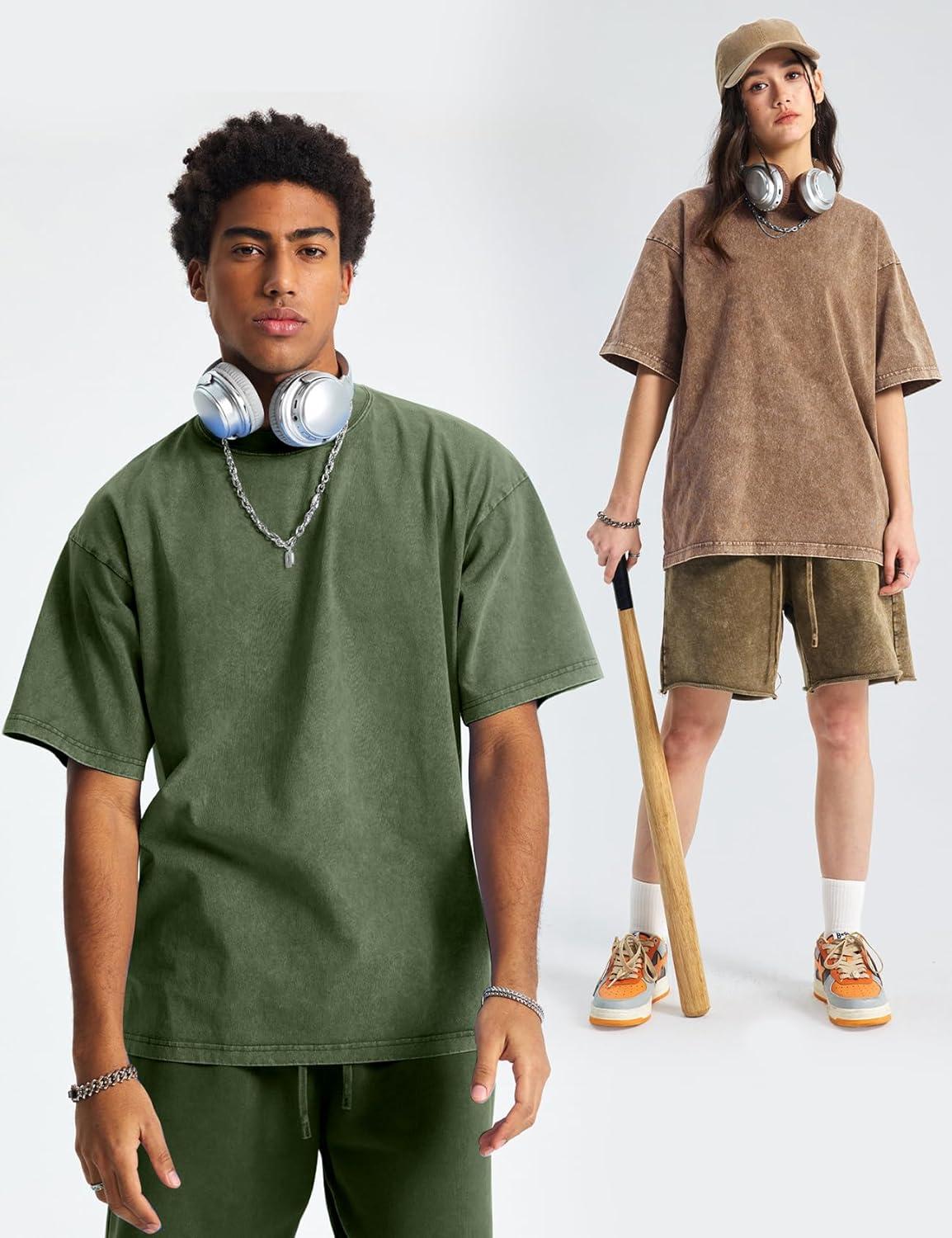 Arssm Oversized Tshirts for Men Acid Wash Loose Fit Vintage Cotton Heavyweight T Shirts Baggy Tees(Blackgreykhakiarmy)