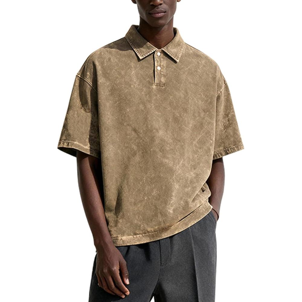 Arssm Mens Polo Shirts Short Sleeve Cotton Acid Washed Overzied T Shirts Baggy Vintage Collared Polo Shirts(Khaki)