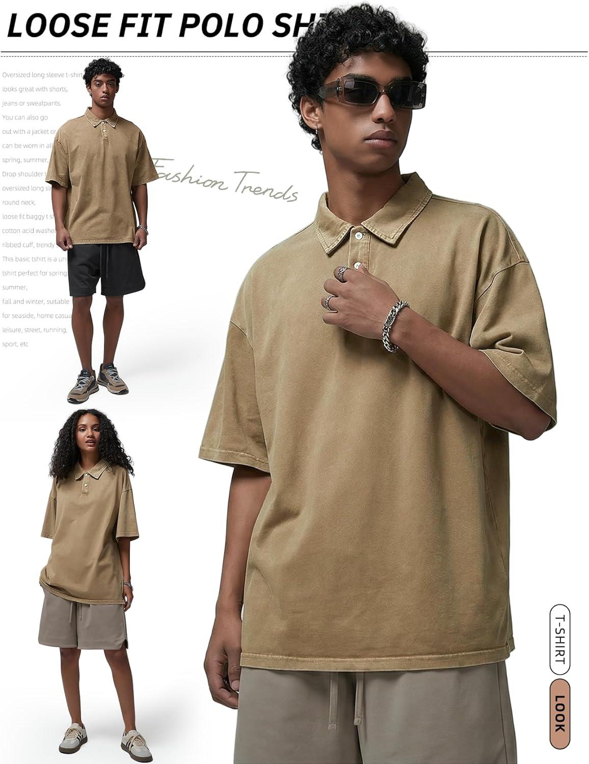 Arssm Mens Polo Shirts Short Sleeve Cotton Acid Washed Overzied T Shirts Baggy Vintage Collared Polo Shirts(Khaki)
