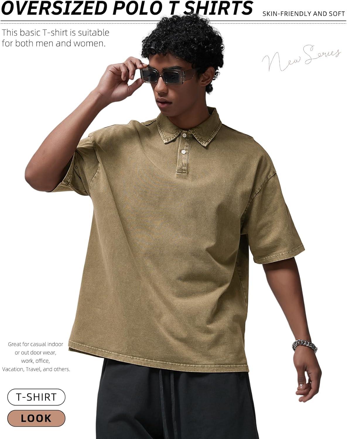 Arssm Mens Polo Shirts Short Sleeve Cotton Acid Washed Overzied T Shirts Baggy Vintage Collared Polo Shirts(Khaki)