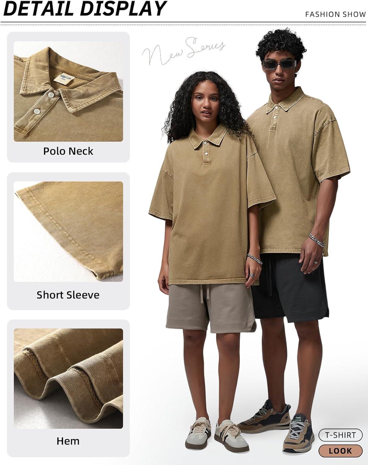 Arssm Mens Polo Shirts Short Sleeve Cotton Acid Washed Overzied T Shirts Baggy Vintage Collared Polo Shirts(Khaki)