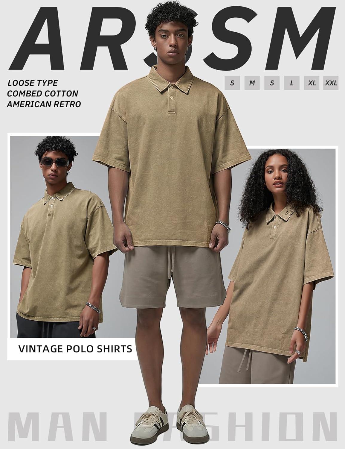 Arssm Mens Polo Shirts Short Sleeve Cotton Acid Washed Overzied T Shirts Baggy Vintage Collared Polo Shirts(Khaki)