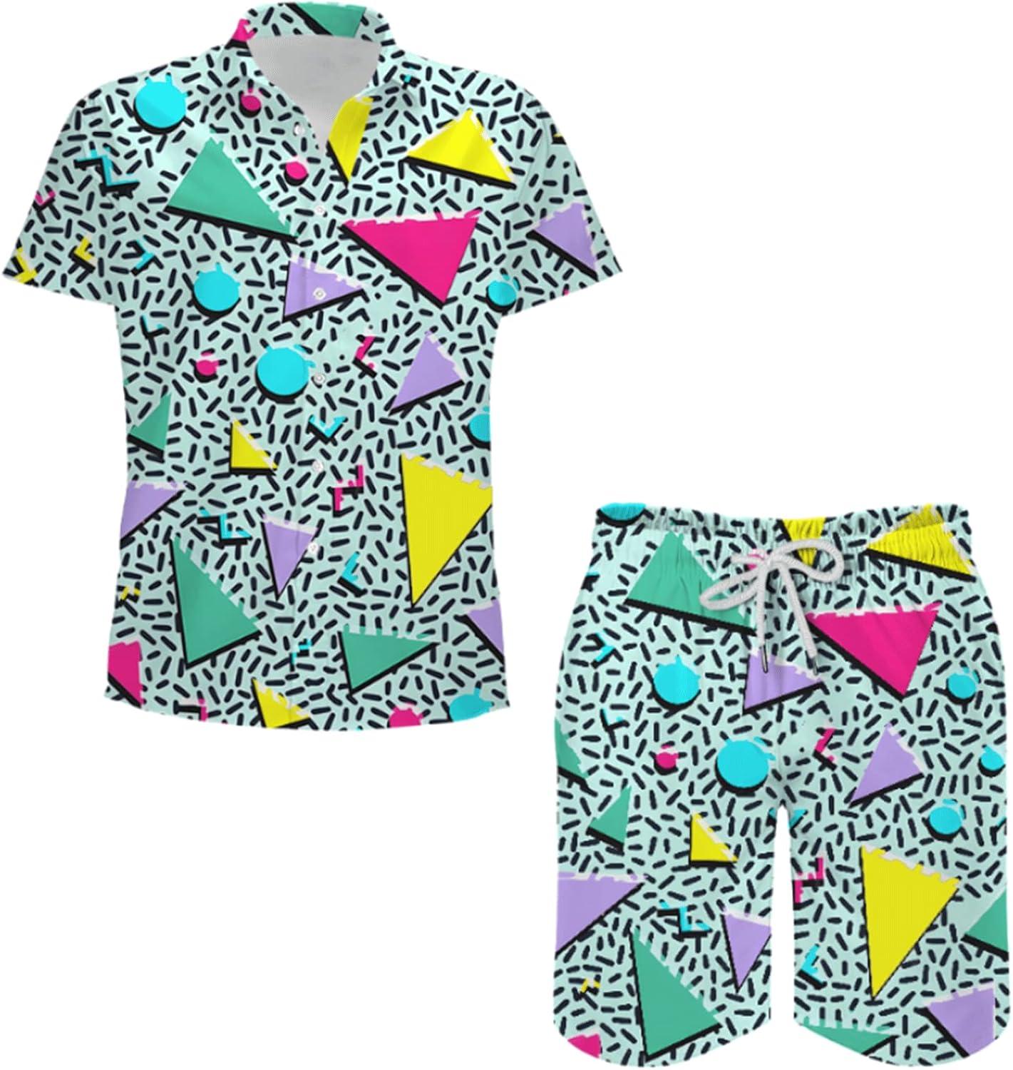 Arssm Mens 2 Pieces Vintage Shirts and Shorts Set 80s 90s Outfit Button Down Beach Suit Quick Dry for Vintage Halloween Party(Green)