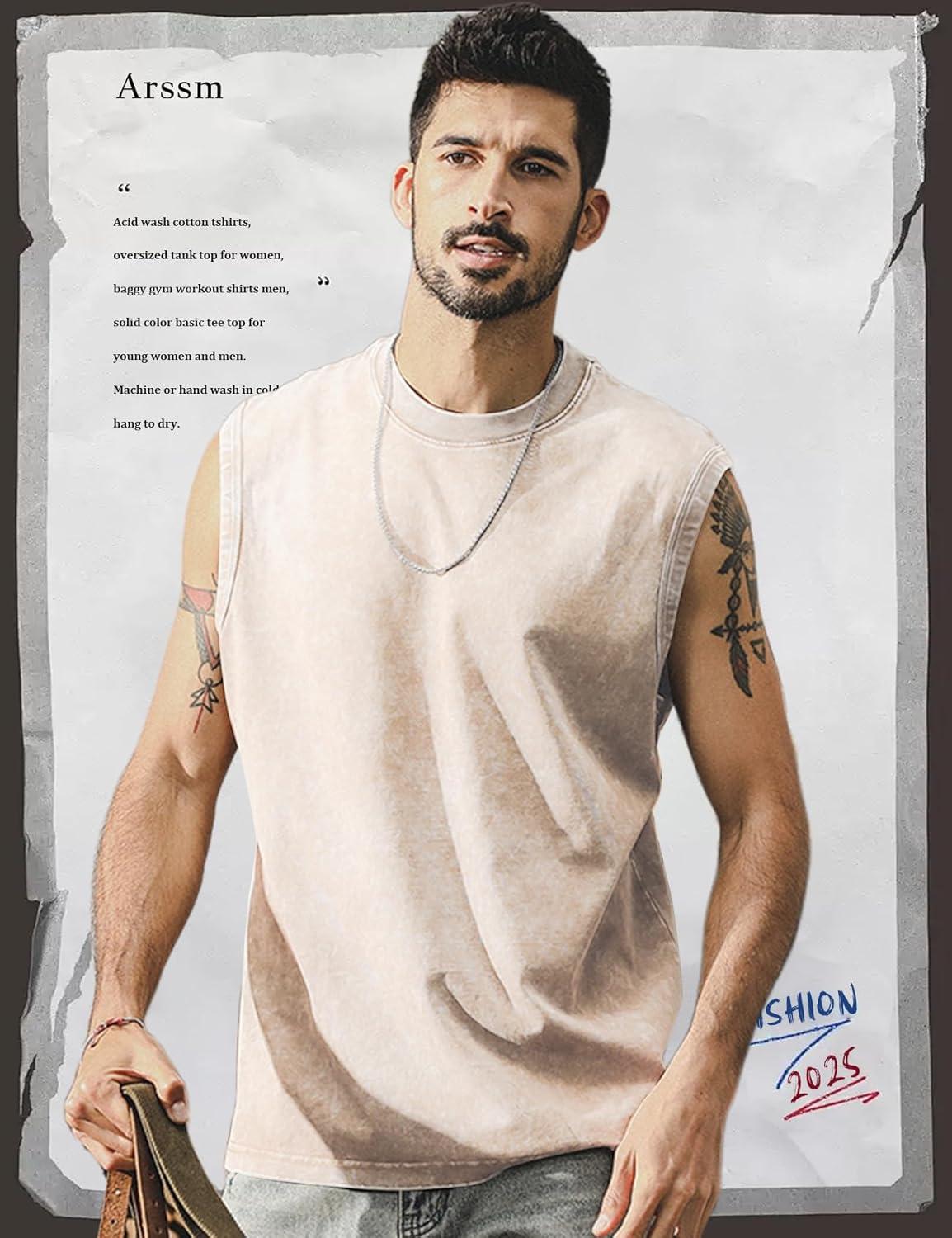 Arssm Sleeveless Shirts for Men Tank Tops Cotton Acid Wash Tees Muscle Workout Running Tank Tops(Black+beige+army)