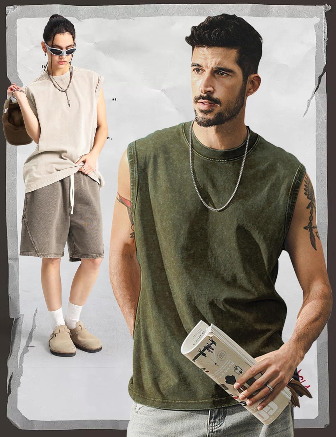 Arssm Sleeveless Shirts for Men Tank Tops Cotton Acid Wash Tees Muscle Workout Running Tank Tops(Black+beige+army)