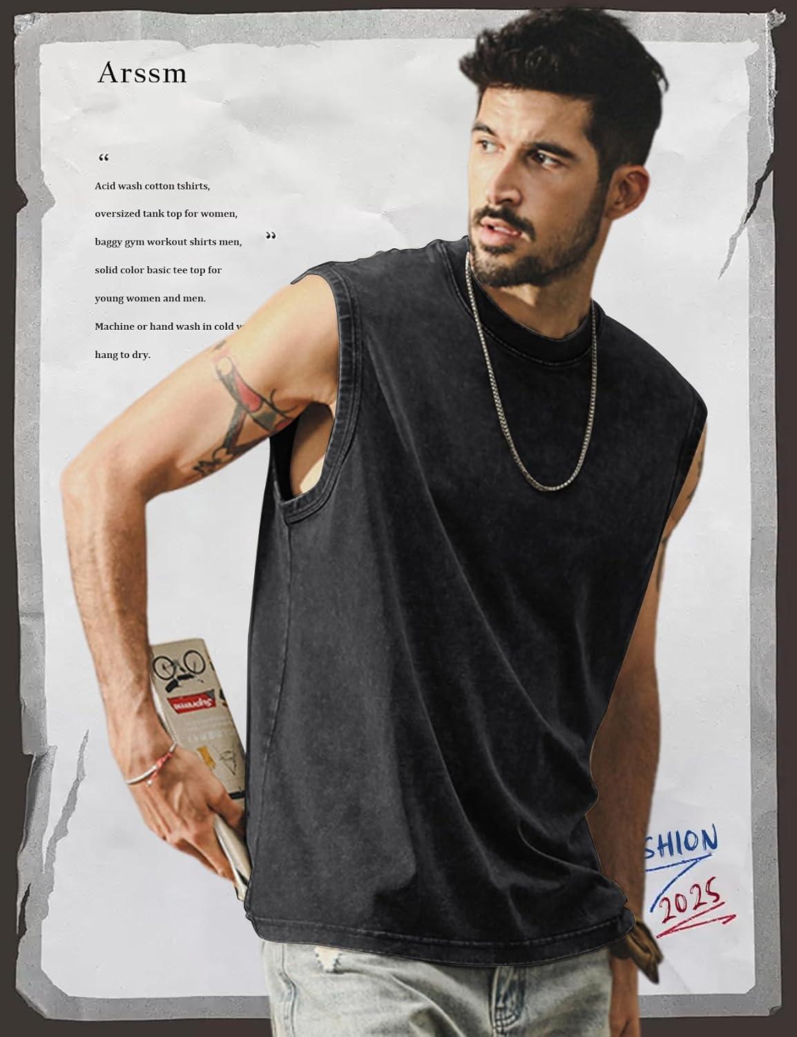 Arssm Sleeveless Shirts for Men Tank Tops Cotton Acid Wash Tees Muscle Workout Running Tank Tops(Black+beige+army)
