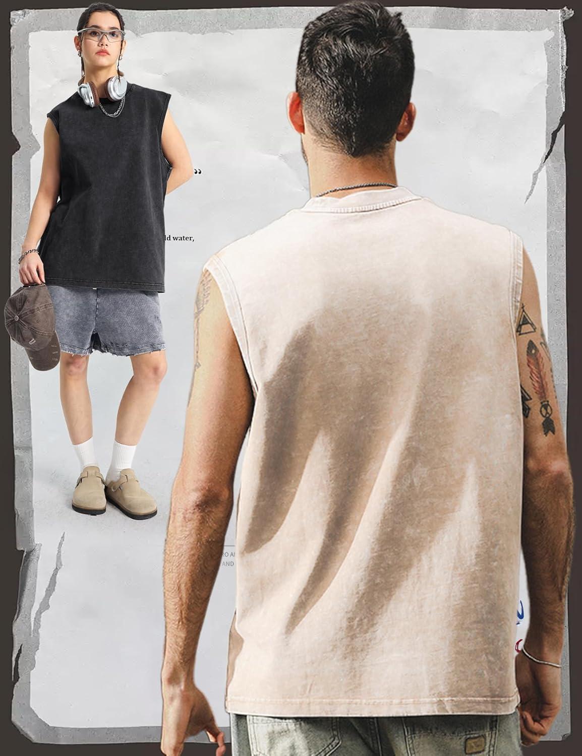 Arssm Sleeveless Shirts for Men Tank Tops Cotton Acid Wash Tees Muscle Workout Running Tank Tops(Black+beige+army)