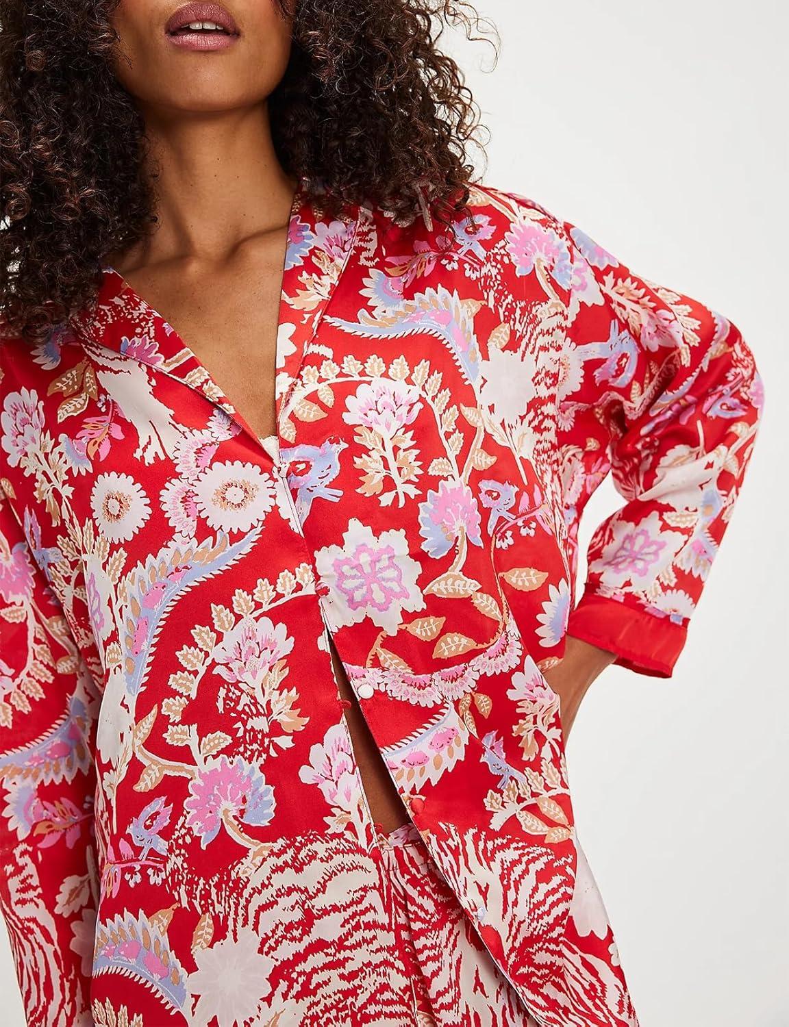 Arssm Satin Pajama Set for Women Silk Pajamas Set 2 Piece Floral Pj Set Long Sleeve Button Down Pjs Sleepwear(Red)