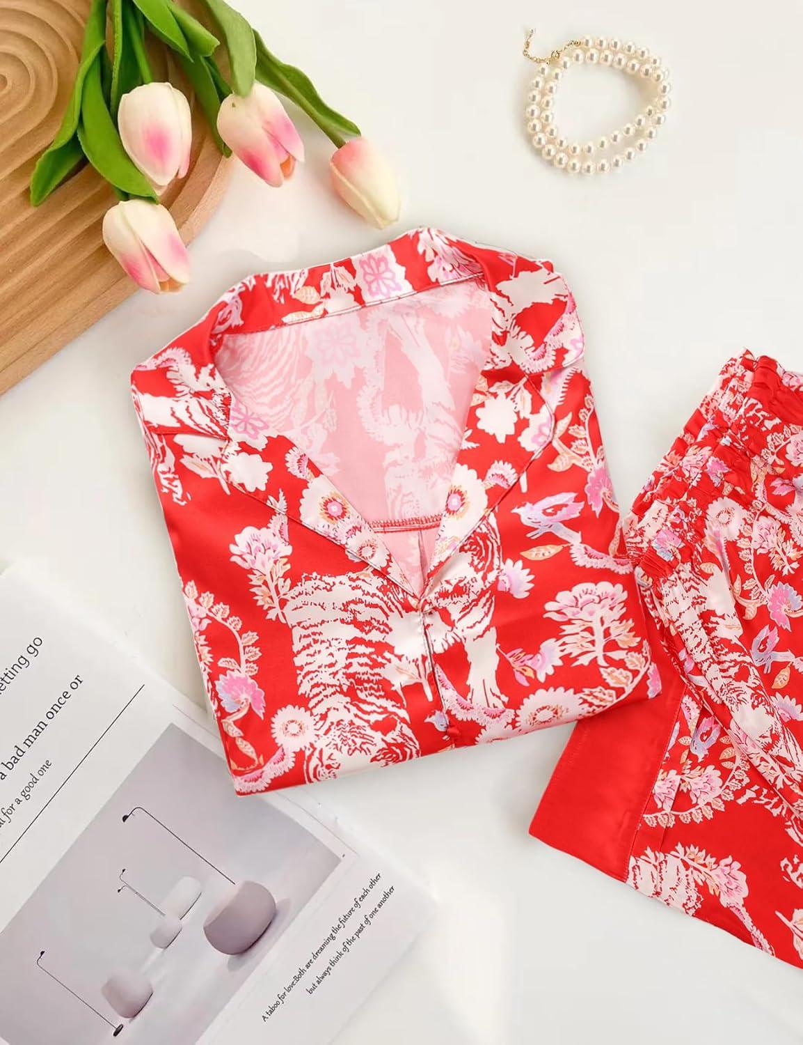 Arssm Satin Pajama Set for Women Silk Pajamas Set 2 Piece Floral Pj Set Long Sleeve Button Down Pjs Sleepwear(Red)