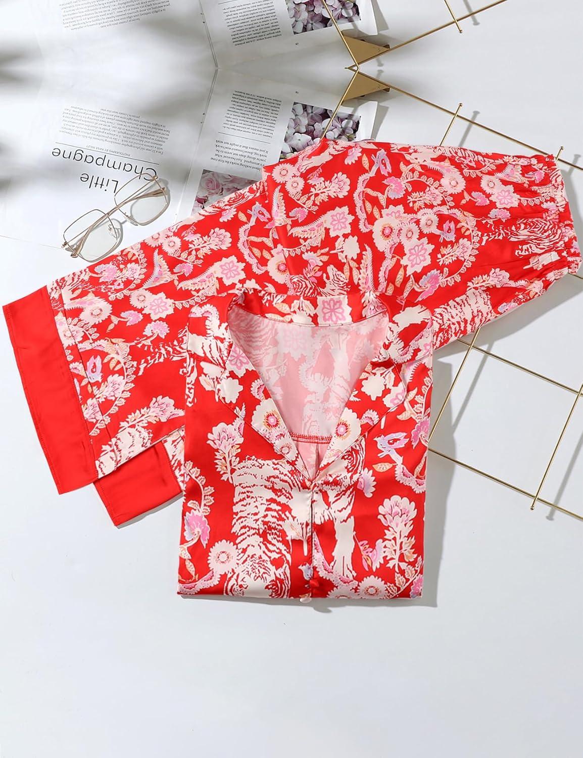 Arssm Satin Pajama Set for Women Silk Pajamas Set 2 Piece Floral Pj Set Long Sleeve Button Down Pjs Sleepwear(Red)