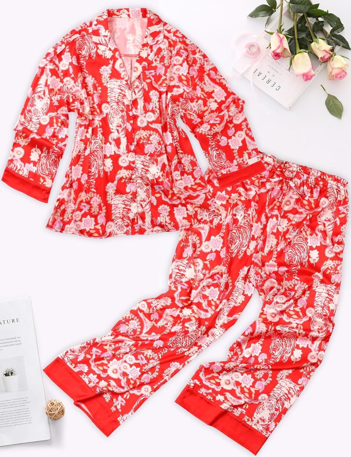 Arssm Satin Pajama Set for Women Silk Pajamas Set 2 Piece Floral Pj Set Long Sleeve Button Down Pjs Sleepwear(Red)