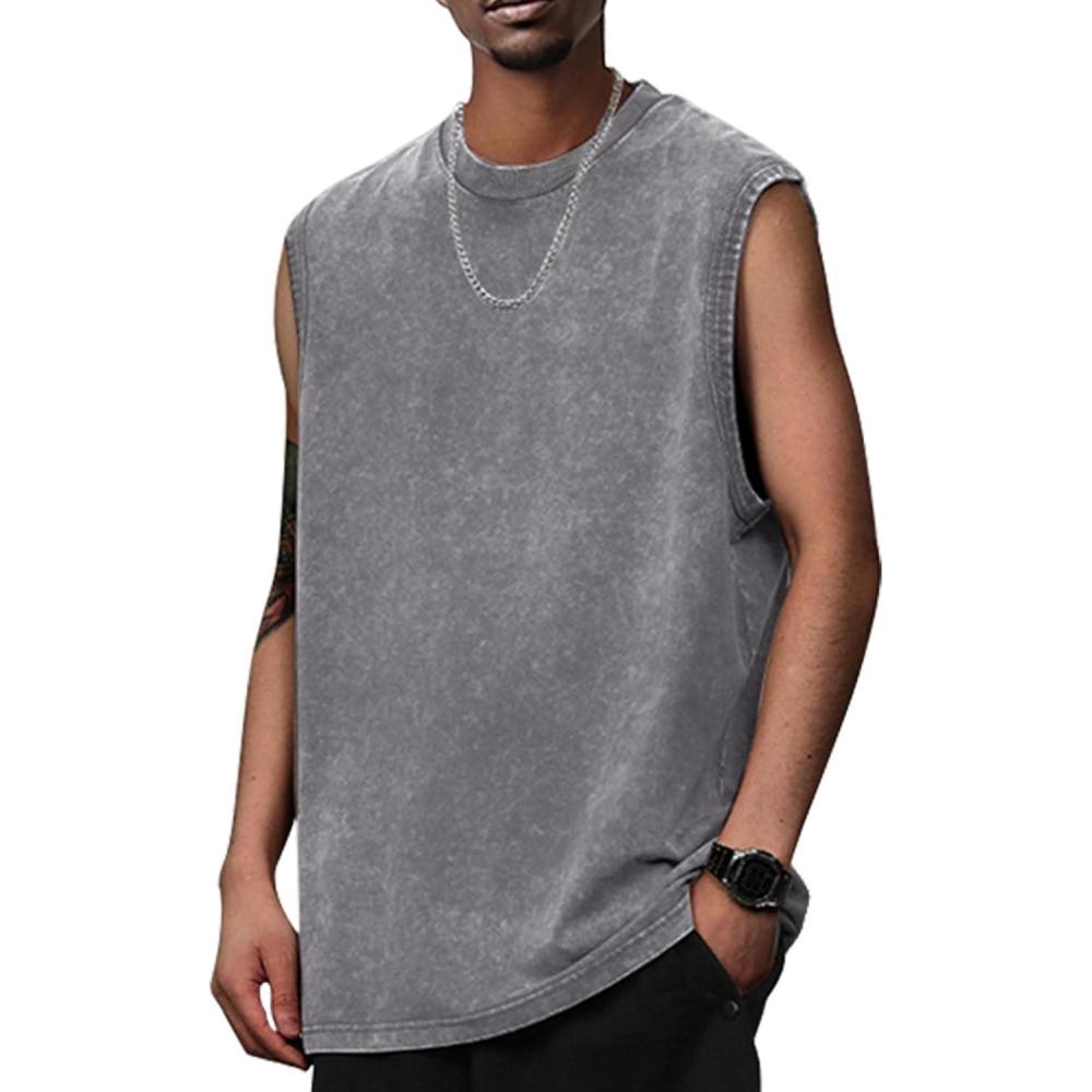 Arssm Sleeveless Shirts for Men Tank Tops Cotton Acid Wash Tees Muscle Workout Running Tank Tops(Grey)