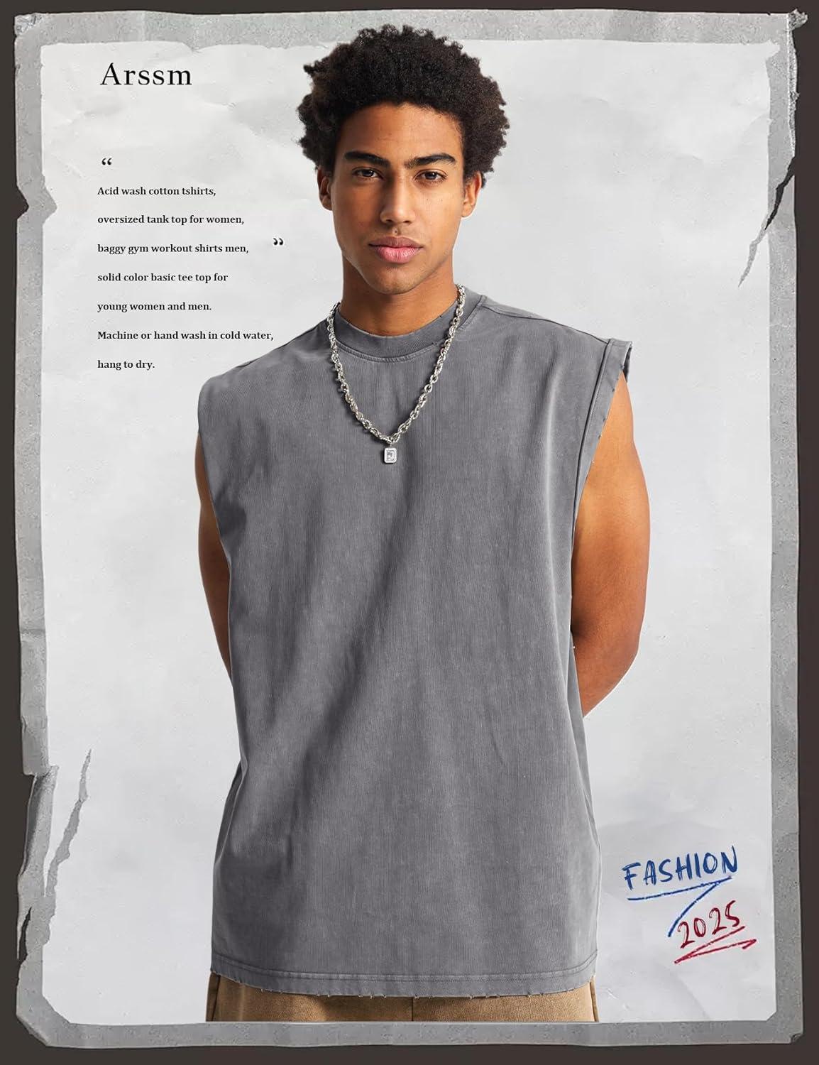 Arssm Sleeveless Shirts for Men Tank Tops Cotton Acid Wash Tees Muscle Workout Running Tank Tops(Grey)