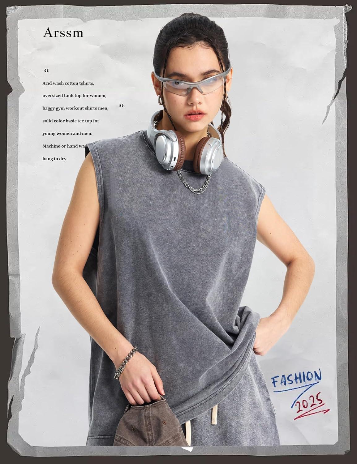 Arssm Sleeveless Shirts for Men Tank Tops Cotton Acid Wash Tees Muscle Workout Running Tank Tops(Grey)
