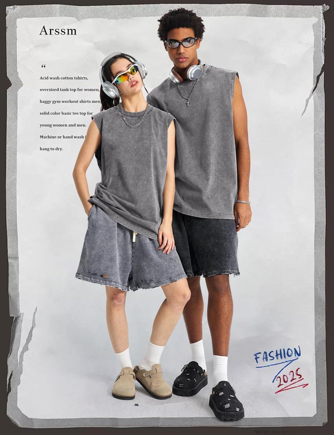 Arssm Sleeveless Shirts for Men Tank Tops Cotton Acid Wash Tees Muscle Workout Running Tank Tops(Grey)