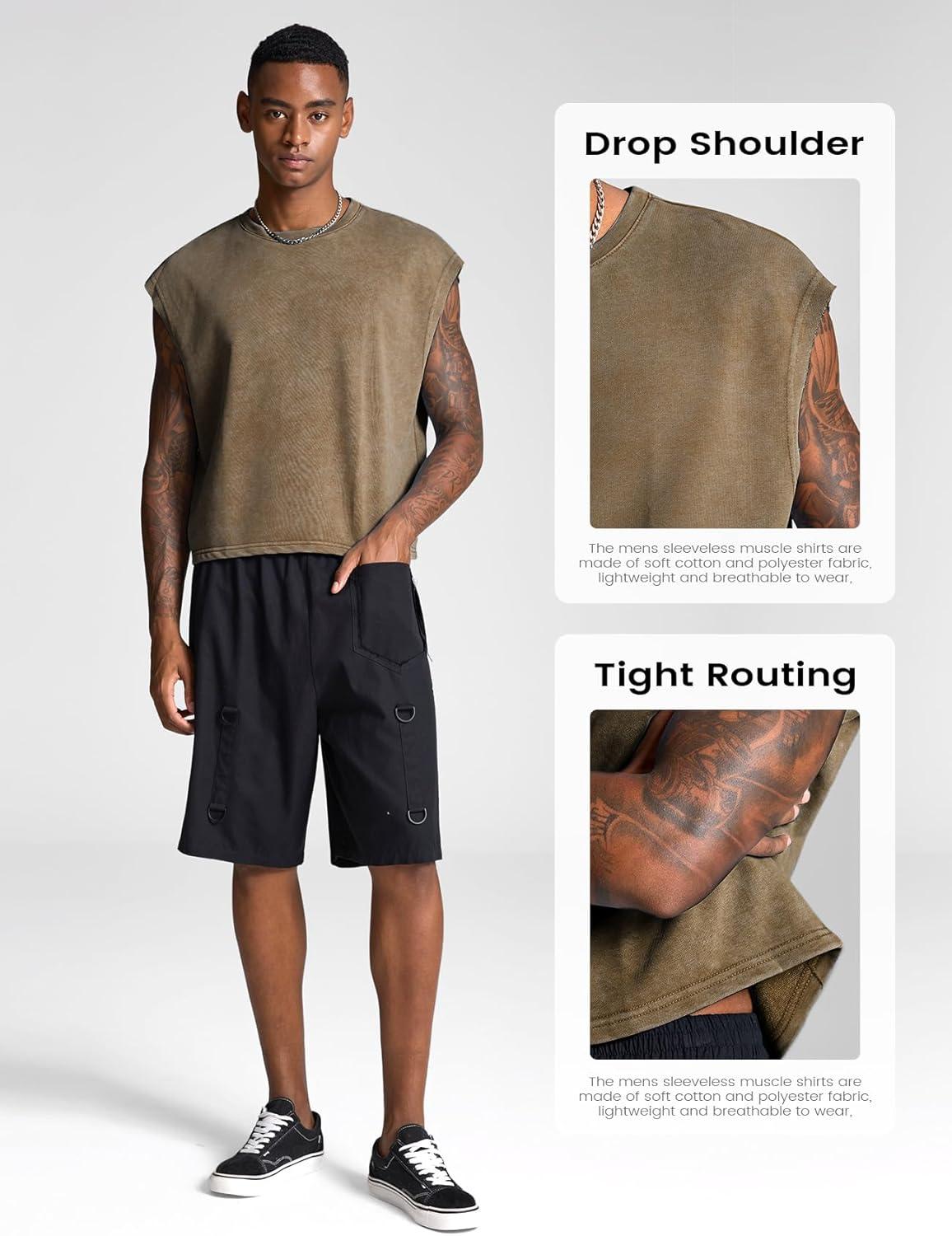 Arssm Men’s Crop T Shirts Acid Wash Tank Top Dolman Sleeve Vintage Crewneck Loose Pullover Top(Black+brown)