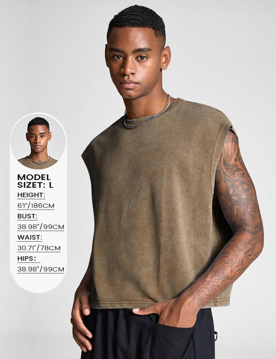Arssm Men’s Crop T Shirts Acid Wash Tank Top Dolman Sleeve Vintage Crewneck Loose Pullover Top(Black+brown)