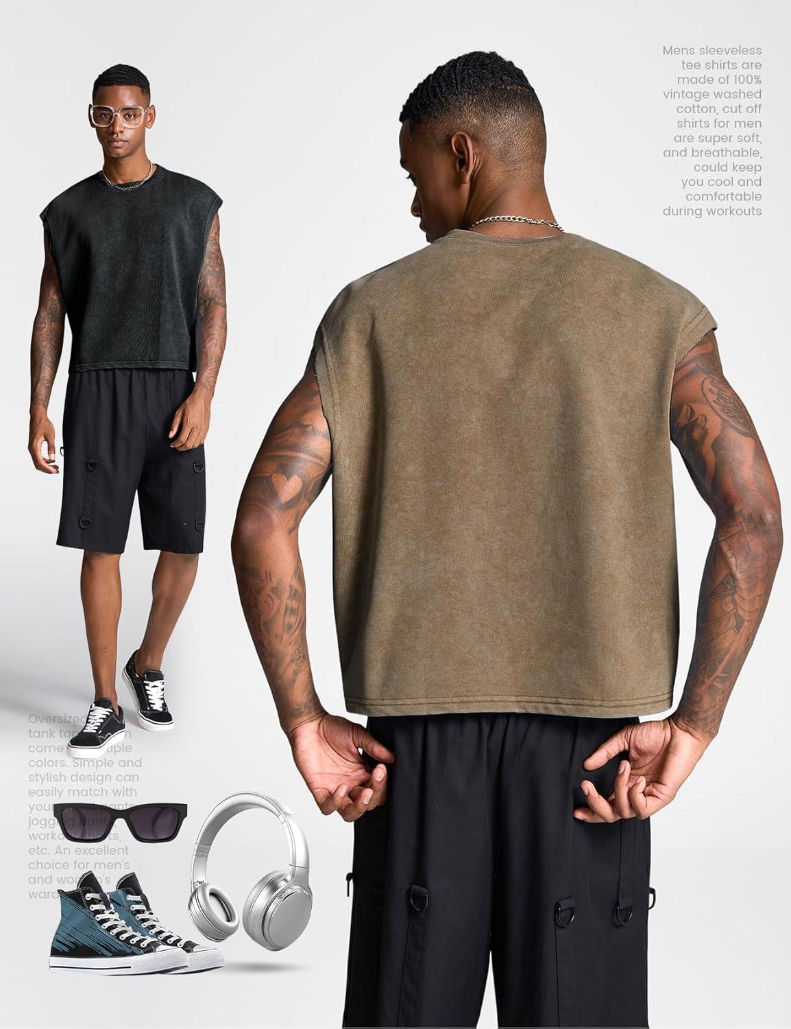 Arssm Men’s Crop T Shirts Acid Wash Tank Top Dolman Sleeve Vintage Crewneck Loose Pullover Top(Black+brown)