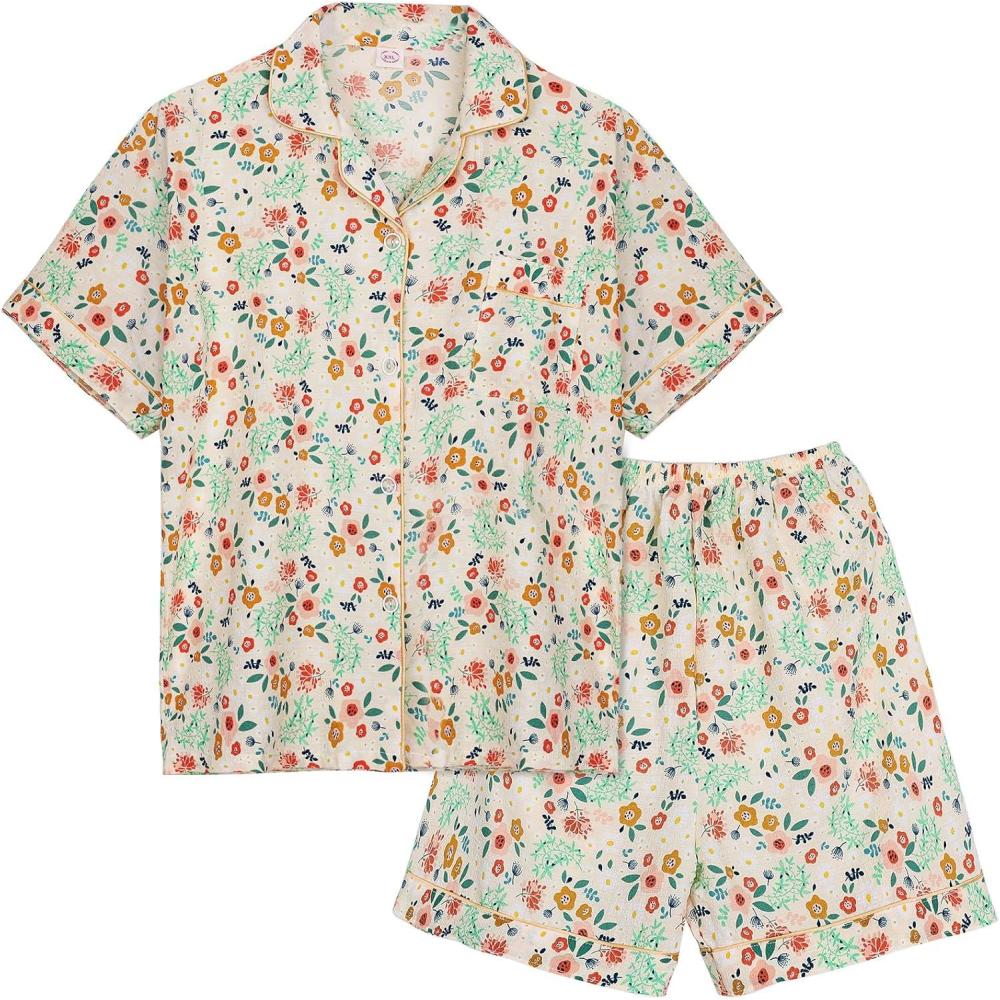 Arssm Floral Pajama Set Women Cute Kawaii 2 Piece Matching Pj Set Aesthetic Short Sleeve Sleeping Loungewear(Yellowfloral)