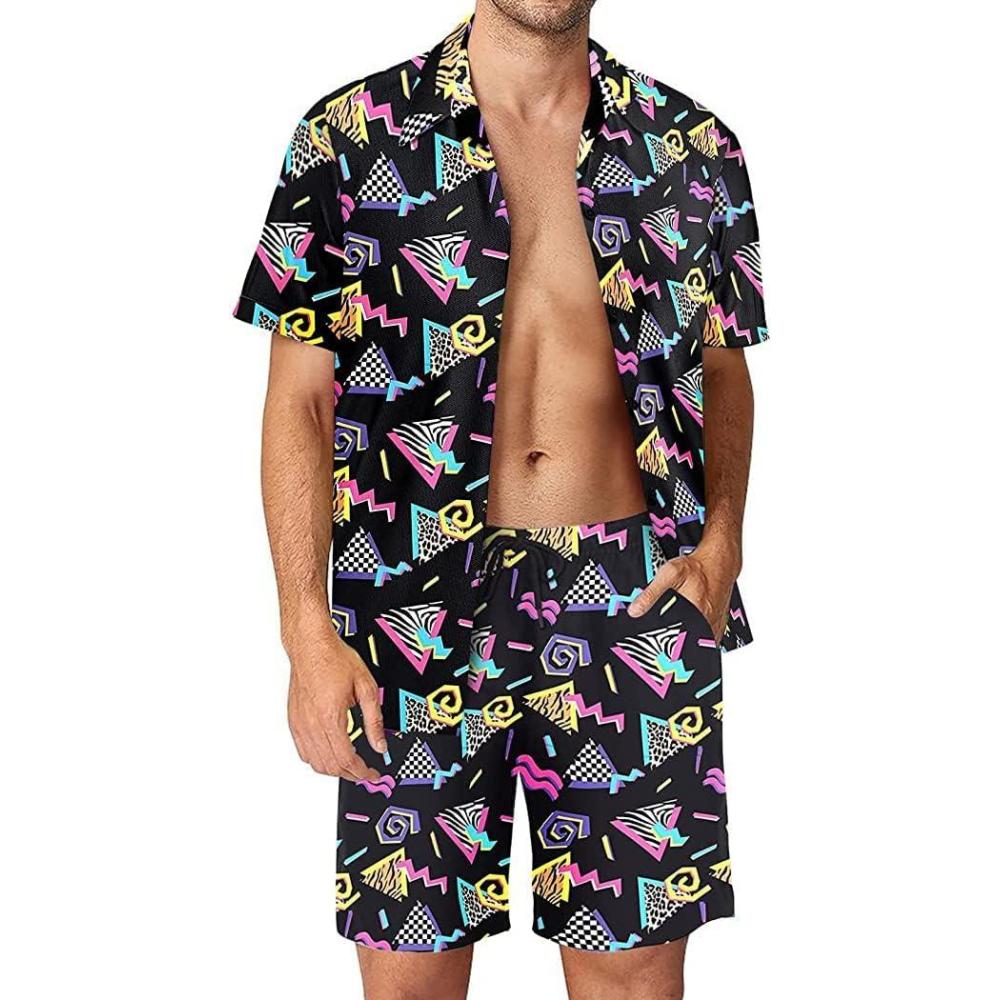 Arssm Mens 2 Pieces Vintage Shirts and Shorts Set 80s 90s Outfit Button Down Beach Suit Quick Dry for Vintage Halloween Party(Black)
