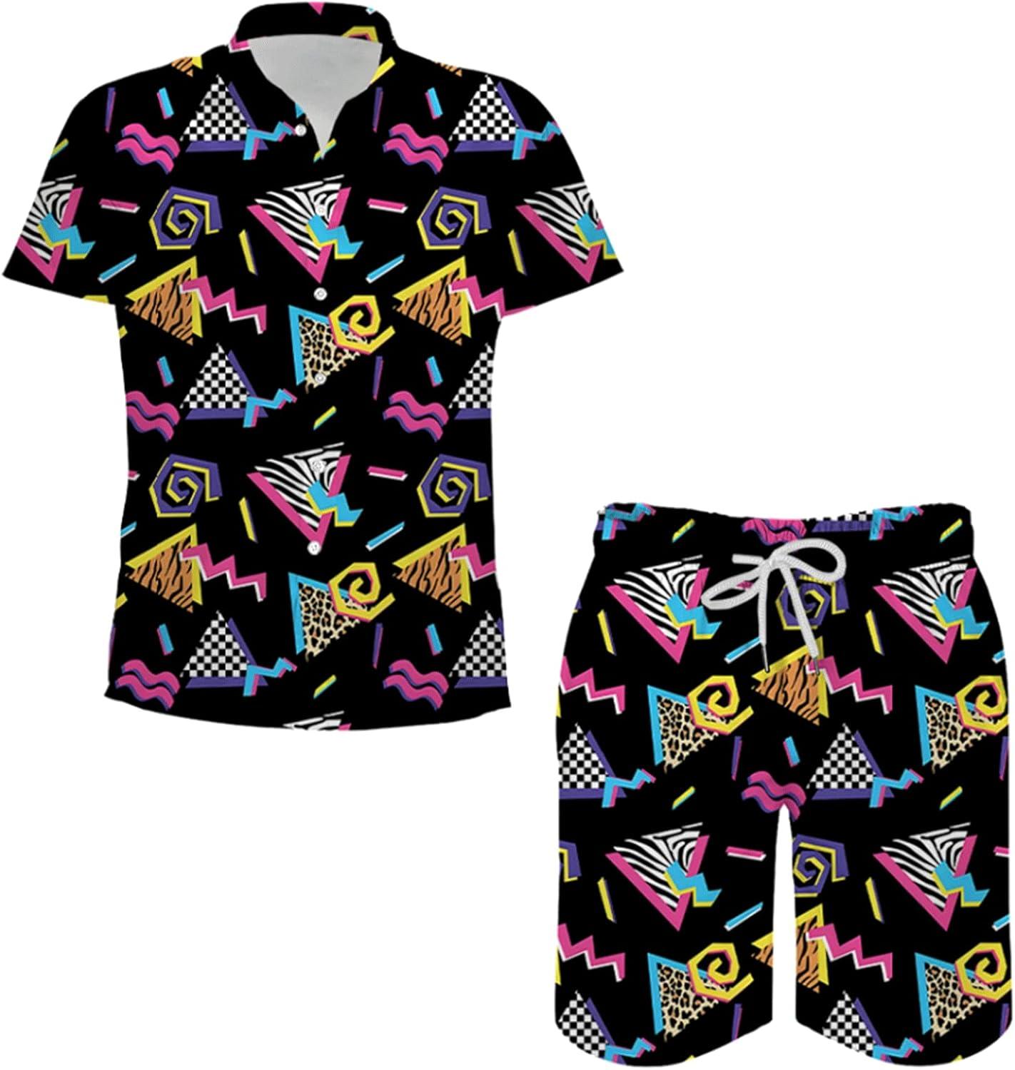 Arssm Mens 2 Pieces Vintage Shirts and Shorts Set 80s 90s Outfit Button Down Beach Suit Quick Dry for Vintage Halloween Party(Black)