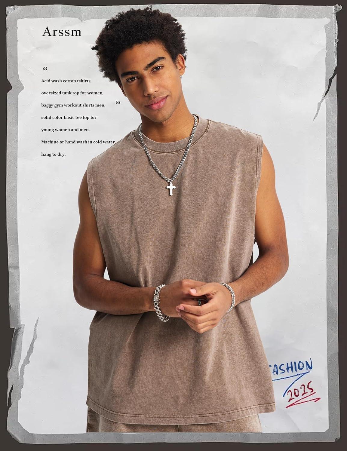 Arssm Sleeveless Shirts for Men Tank Tops Cotton Acid Wash Tees Muscle Workout Running Tank Tops(Black+khaki+beige)