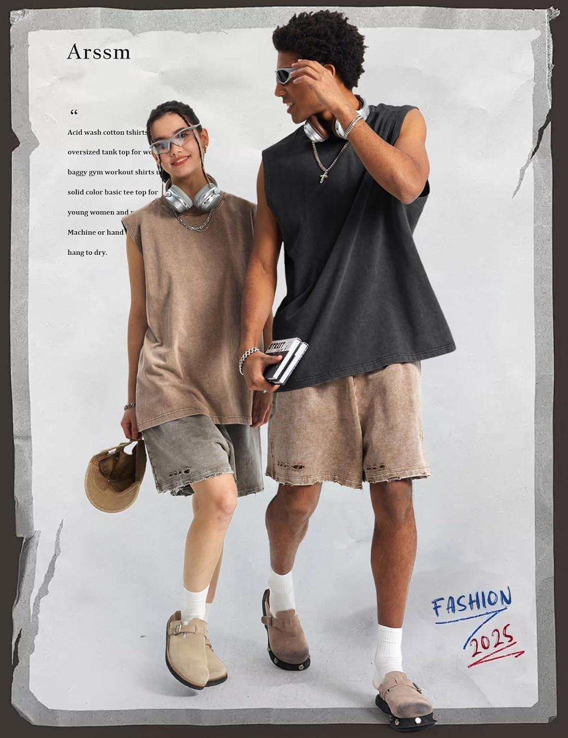Arssm Sleeveless Shirts for Men Tank Tops Cotton Acid Wash Tees Muscle Workout Running Tank Tops(Black+khaki+beige)