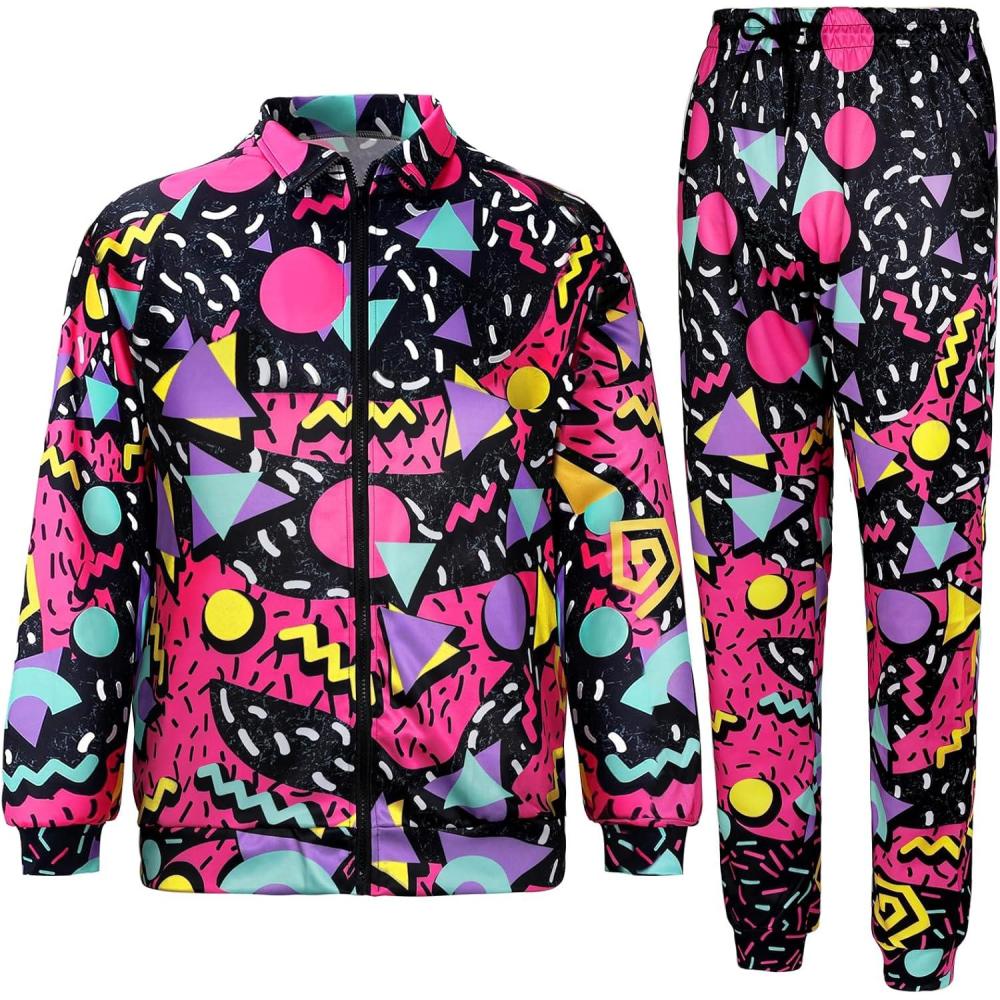Arssm Retro 80s 90s Outfit Sets for Men Vintage Jacket and Joggers Sweatpants 80s Tracksuit Streetwear(Purple)
