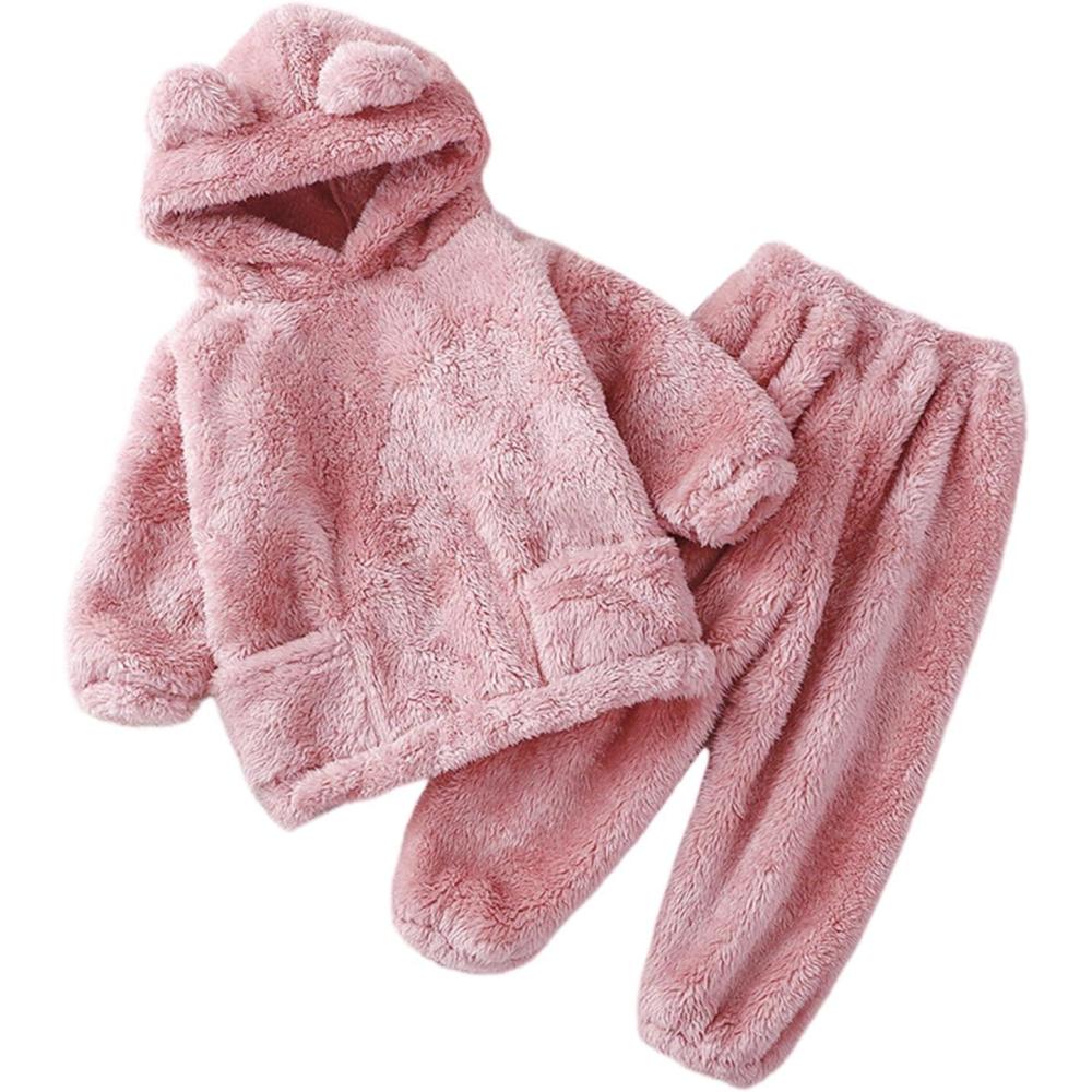 Arssm Girl Pants Sets Two Pieces Outfit Kids Bear Ear Fuzzy Fluffy Hoodie Sweatshirt with Fleece Sweatpants(Lightpink)