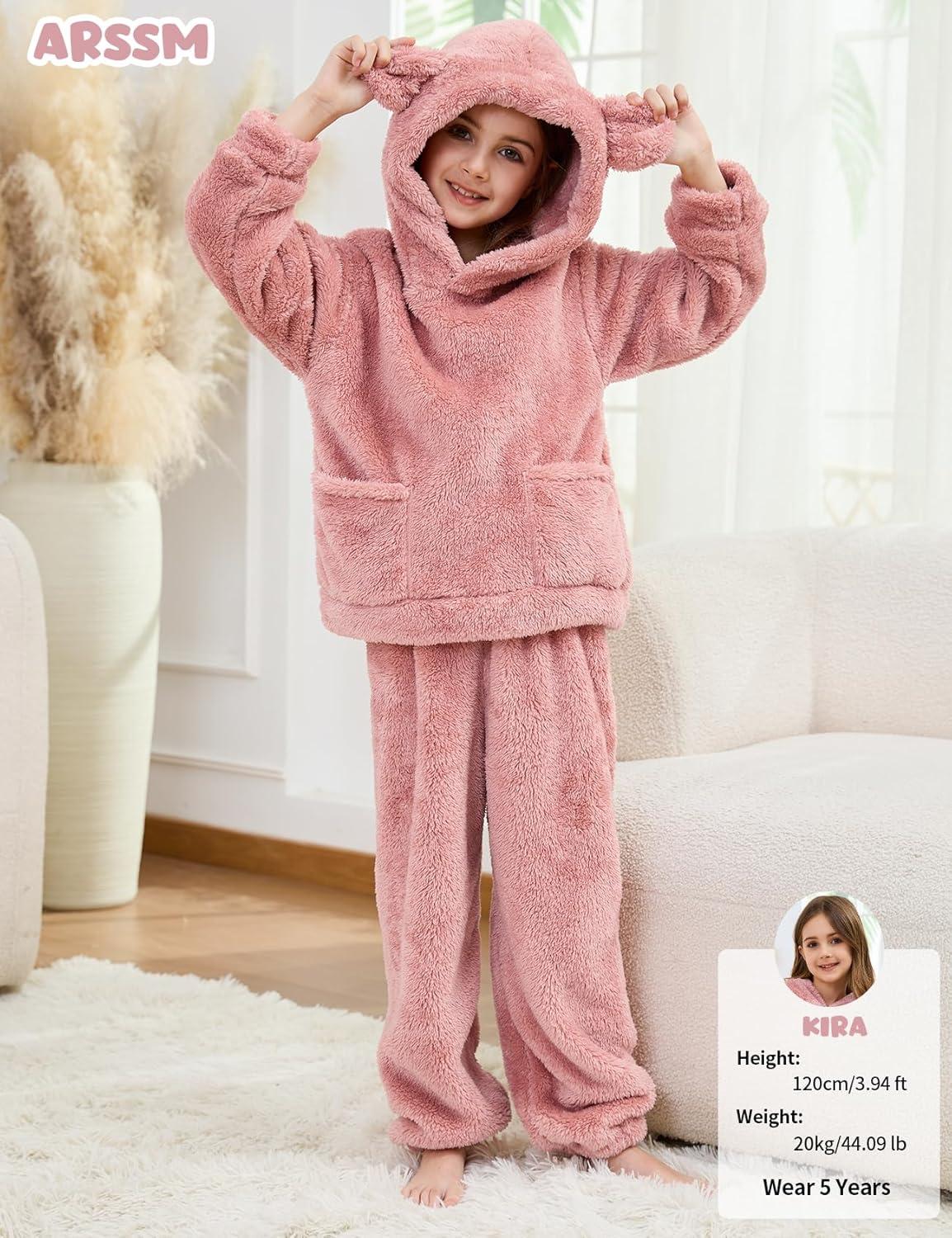 Arssm Girl Pants Sets Two Pieces Outfit Kids Bear Ear Fuzzy Fluffy Hoodie Sweatshirt with Fleece Sweatpants(Lightpink)