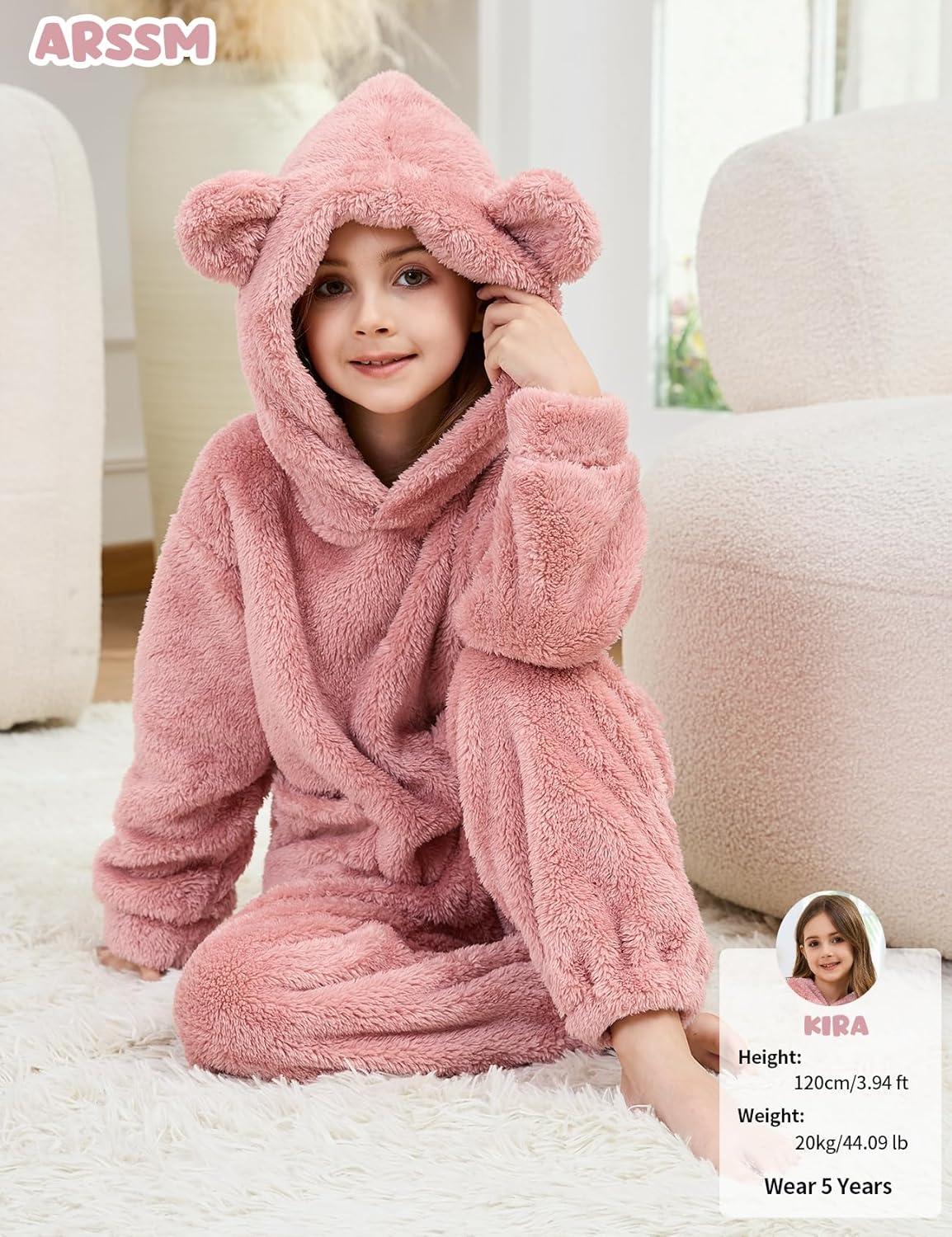 Arssm Girl Pants Sets Two Pieces Outfit Kids Bear Ear Fuzzy Fluffy Hoodie Sweatshirt with Fleece Sweatpants(Lightpink)