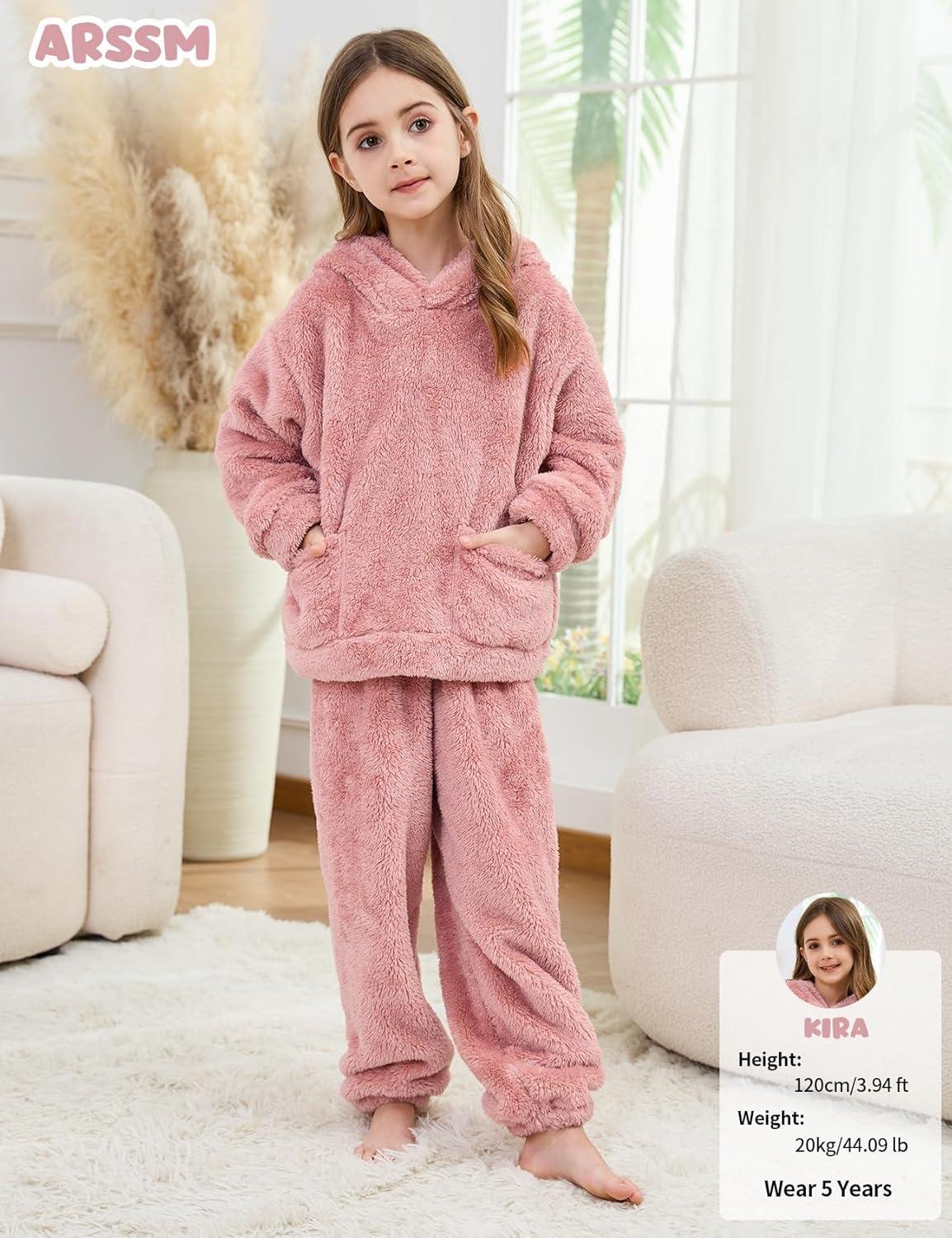 Arssm Girl Pants Sets Two Pieces Outfit Kids Bear Ear Fuzzy Fluffy Hoodie Sweatshirt with Fleece Sweatpants(Lightpink)